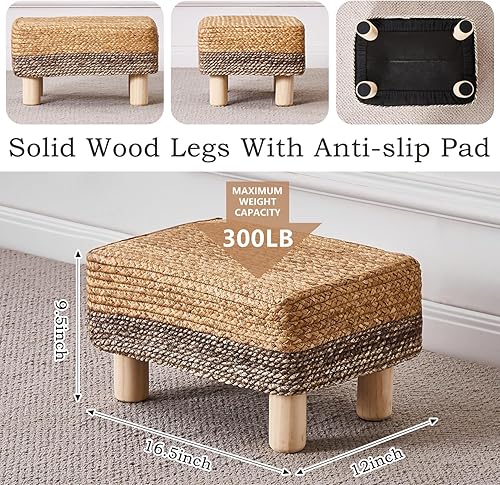 Miniatura 2 de Cpintltr Taburete otomano rectangular, reposapiés, otomano, reposapiés natural de algas marinas con patas de madera, taburete tejido a mano para