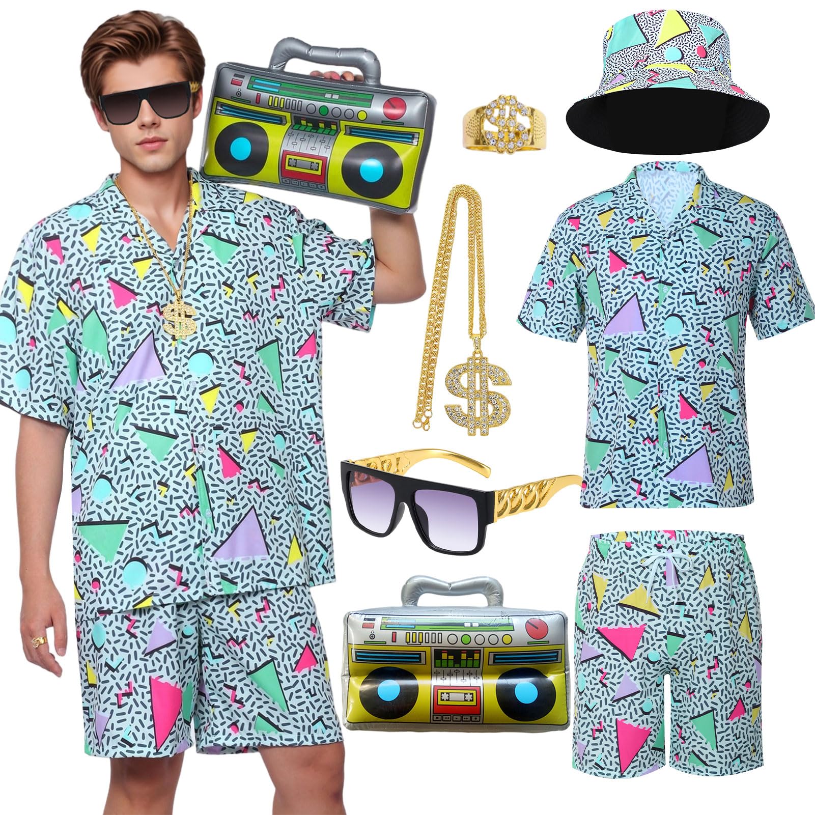 Antsparty 80s Fancy Dress Men, Retro 80s 90s Outfit with Hat Glasses Necklace Ring Inflatable Radio, Hip Hop Costume Outfit for 80s Themed Disco Party
