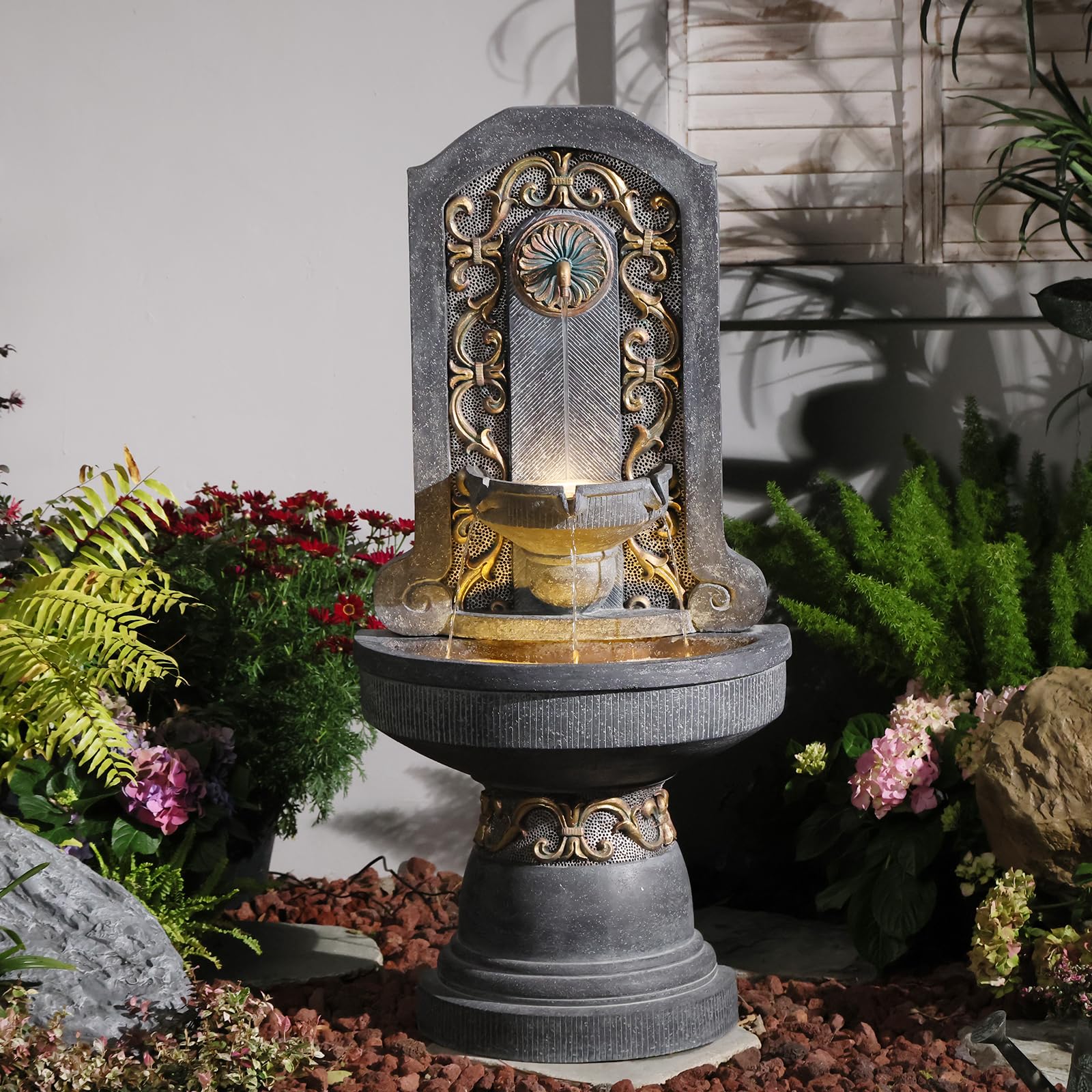 Bumilgar Outdoor Wall Fountain with LED Lights, 49.8” H Freestanding Gilded Fleur-de-Lis European Resin Standing Waterfall Feature, European Resin Flat Back Yard