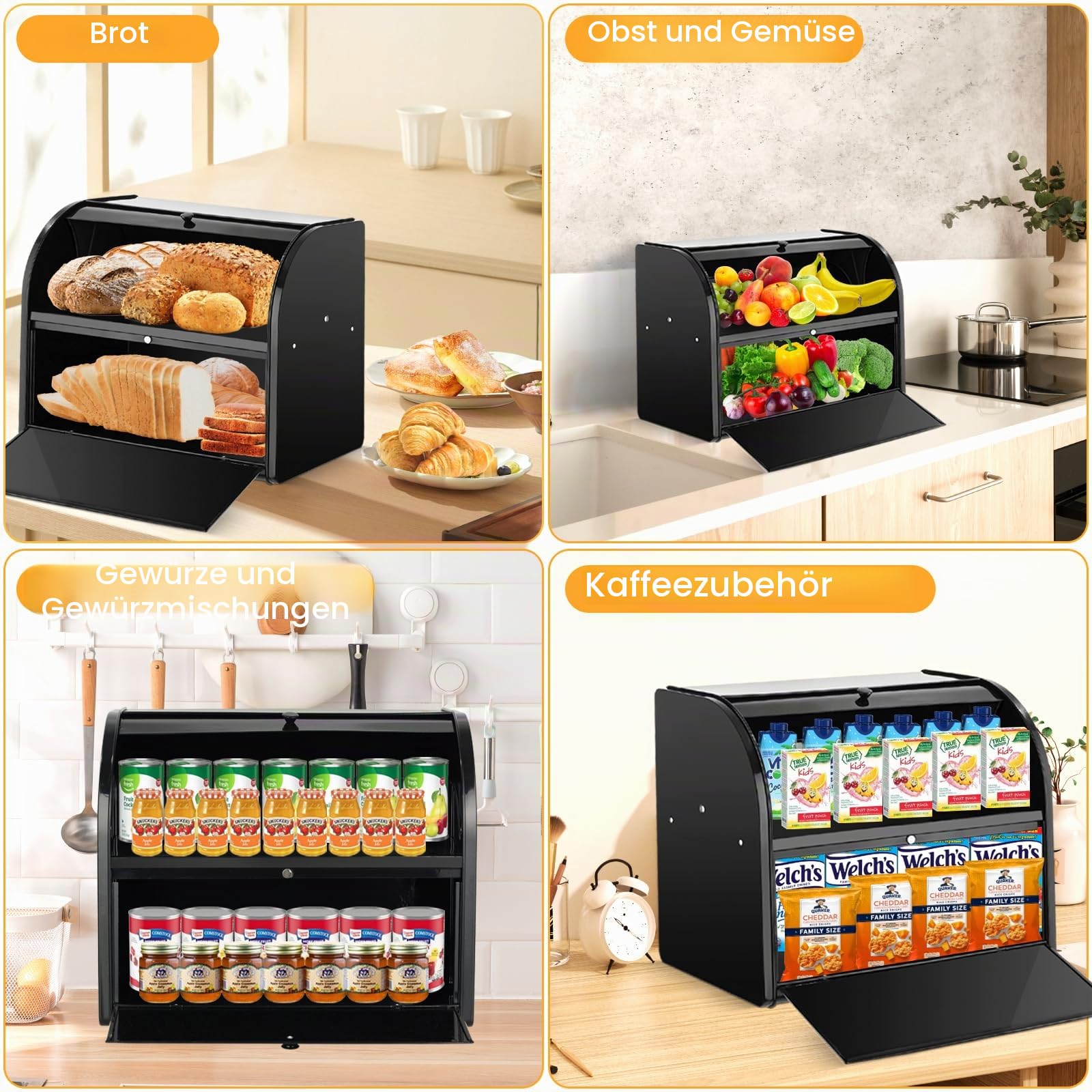 Edelstahl Brotkasten 2 Etagen mit Rolltop Deckel, extragroßer Brotbox Schwarz, Metall Brotbehälter bereits montiert, 40x24x32 cm Küchenaufbewahrung, geeignet für Gebäck und Kekse, Schwarz