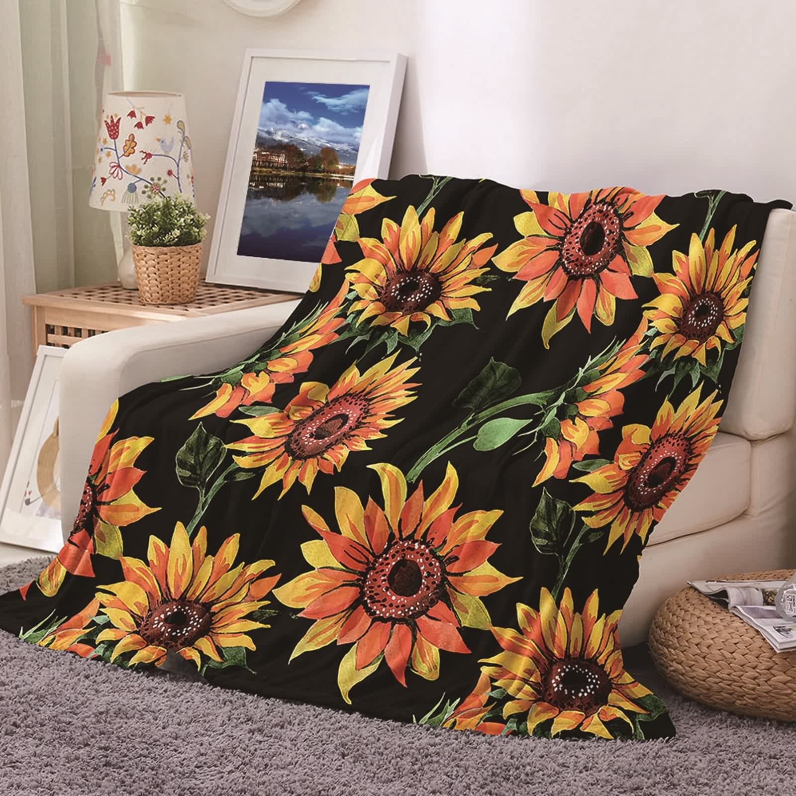 Couverture polaire flannel 100x150 plaid lit canapé tournesol doux