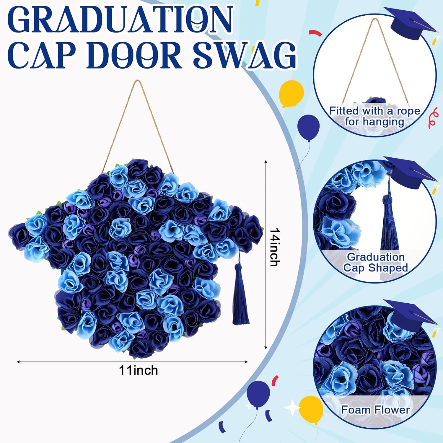 Graduation Wreath Sign Graduation Cap Floral Decoration Class of 2026 Flower Wreath Hanging Decor for Door Porch Window Wall College High School Ceremony Party Supplies(Blue)