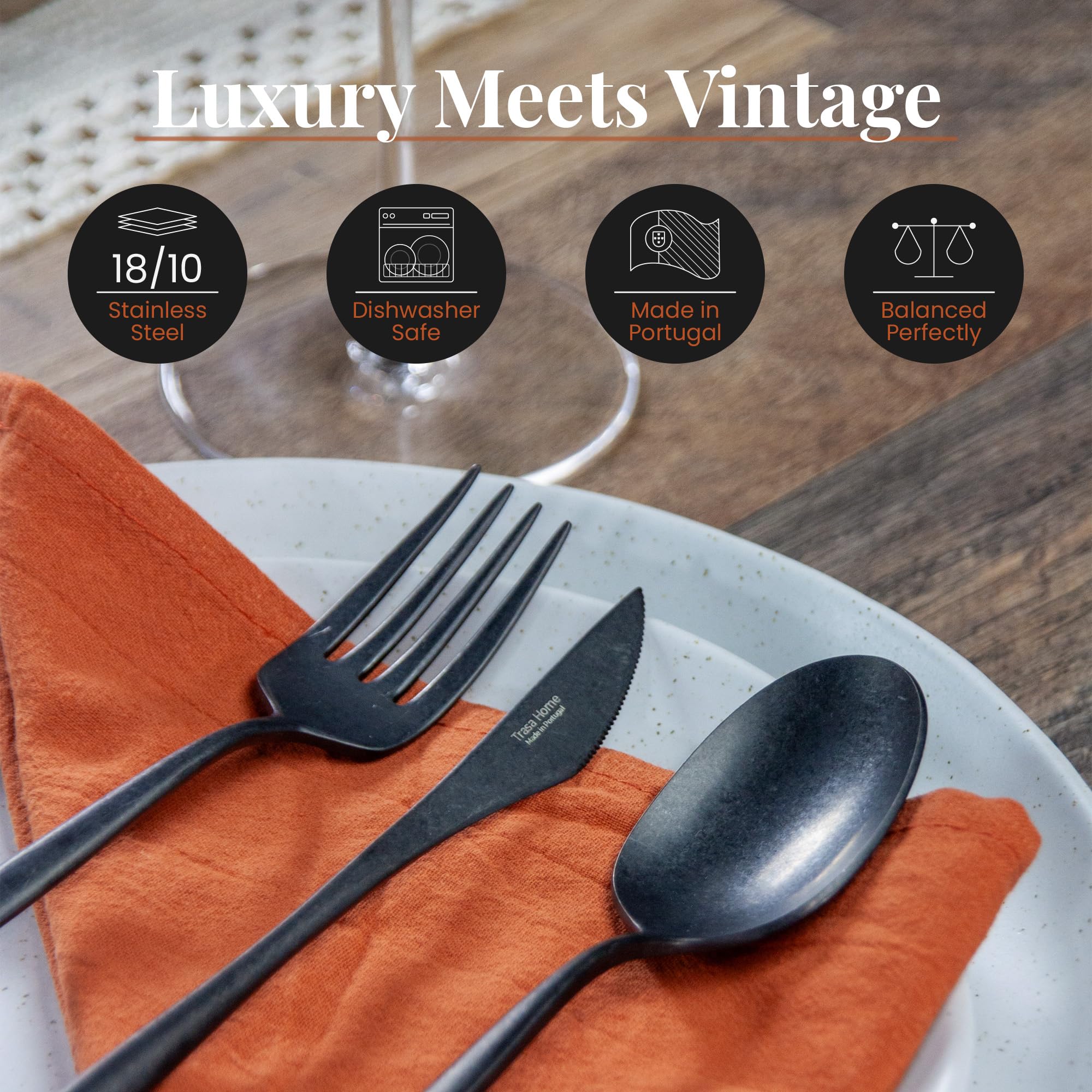 Luxury Vintage Flatware 20-Piece Set – Service for 4, Premium Stainless Steel with Weighted Handles, Aged Heirloom Finish, Dishwasher Safe, Elegant and Modern Cutlery (Vintage Black) — Amazon image 2