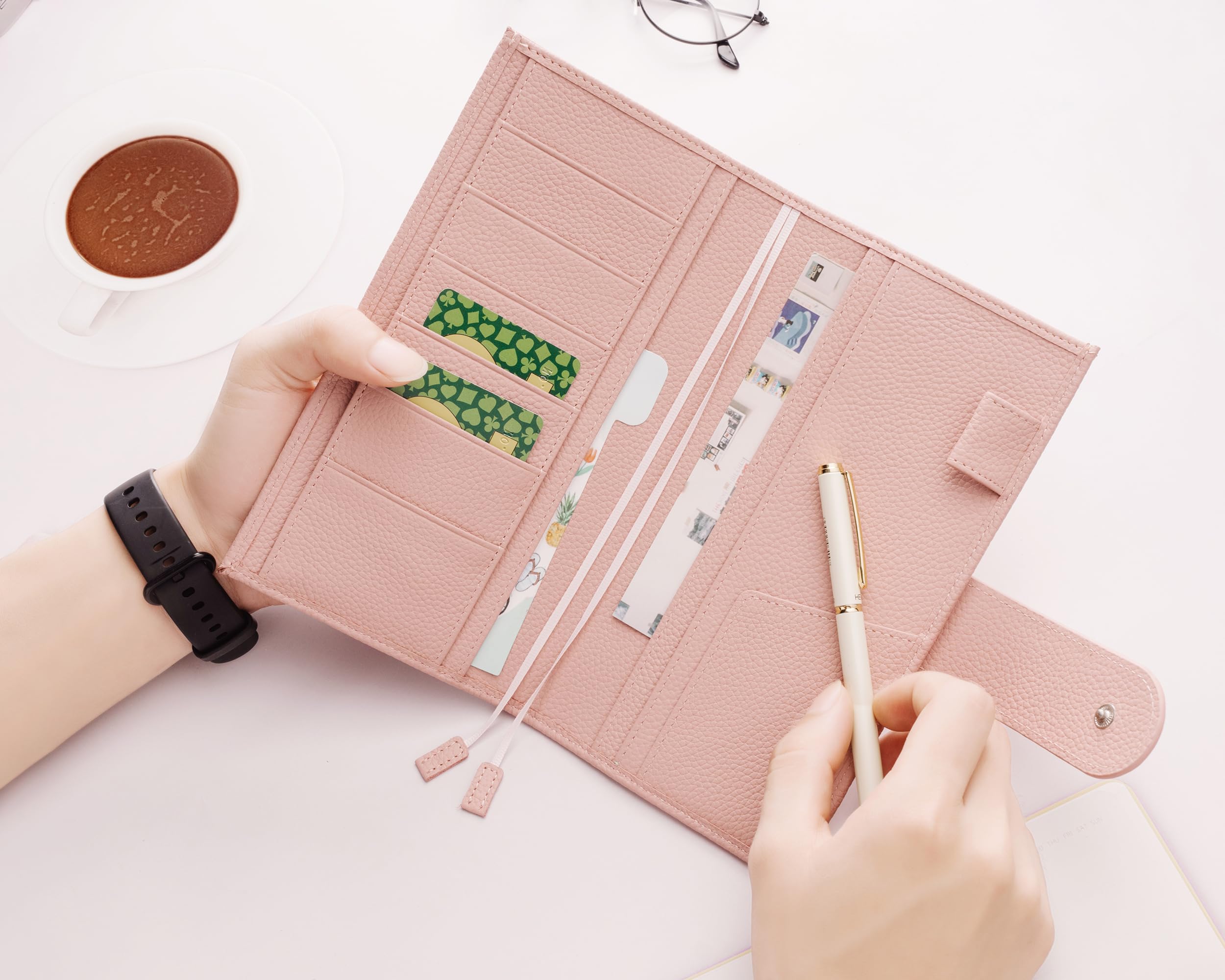 Lederhülle für Hobonichi Wochen-/Wochenplaner – mit Stifthalter, Kartenfächern, Rücktasche und Lesezeichen (rosa)