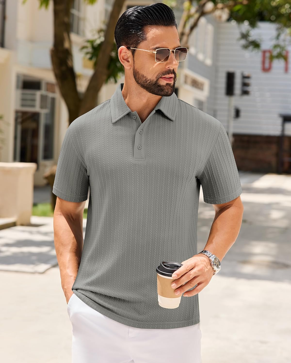 Alimens & Gentle Mens Polo Shirts Short Sleeve Textured Knit Casual Beach Vacation Stretchy Golf Shirts - Image 4