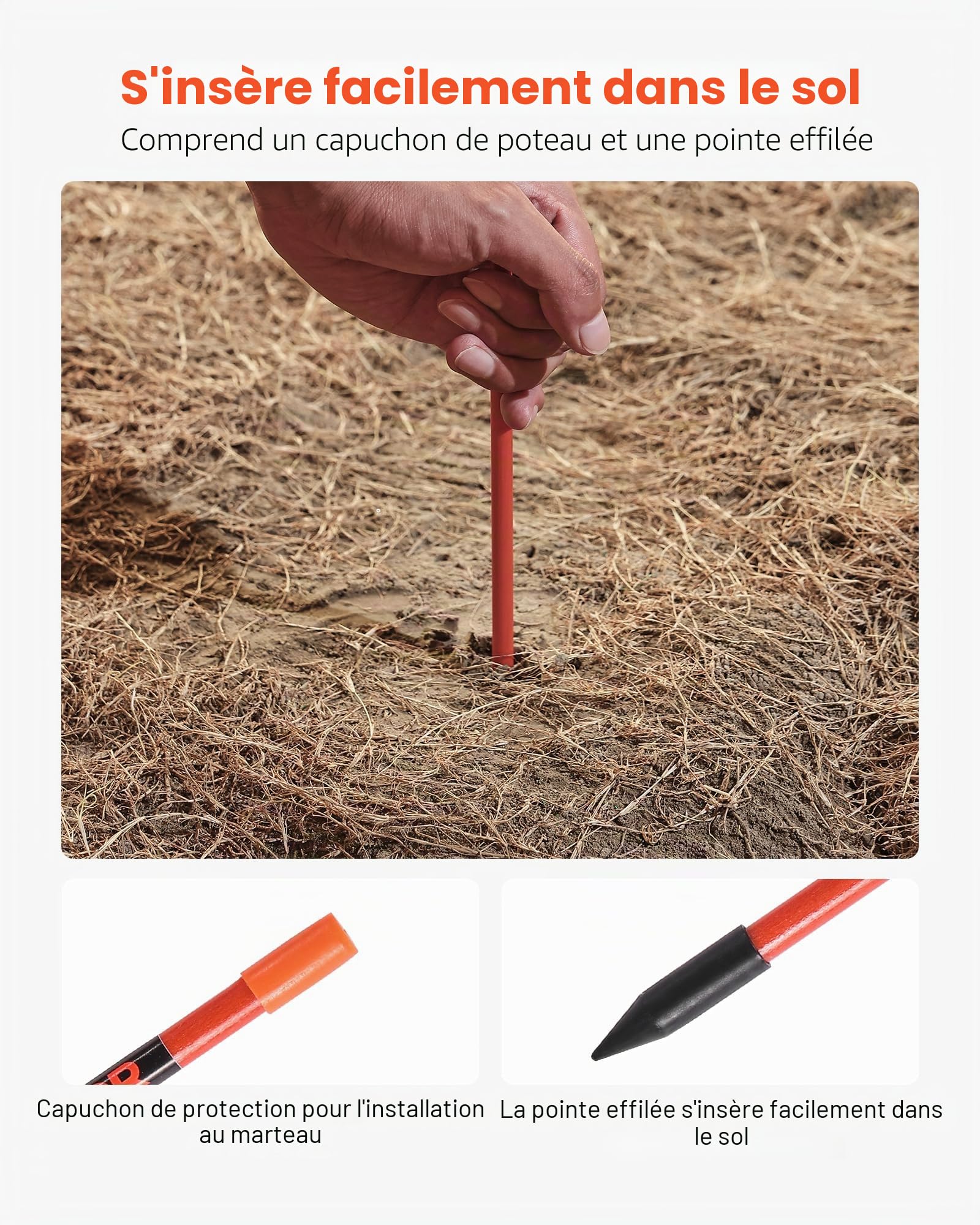 VEVOR Marqueurs d'Allée Lot de 100 Piquets à Neige 10x1829 mm Fibre de Verre Réflecteurs Grande Visibilité Bande Réfléchissante, avec Foret en Acier 30 cm, Gants de Protection, pour Parkings, Allées