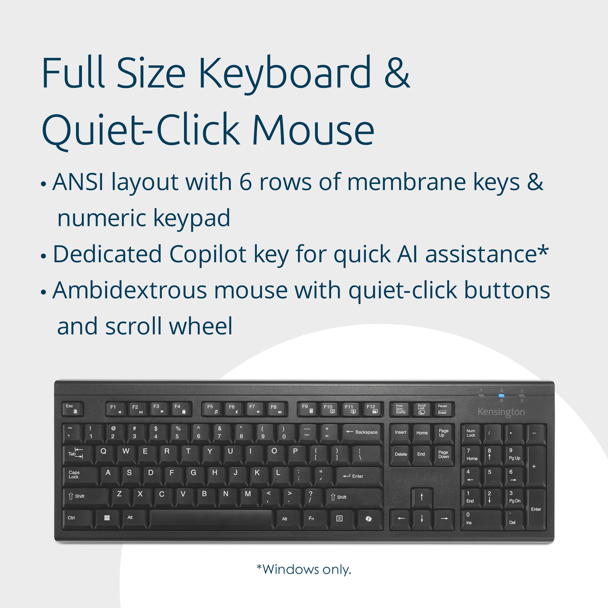 Kensington K75560ES - Combo de Teclado Inalámbrico Recargable KM270 EQ y Ratón Ambidiestro Silencioso para PC y Portátil, 2,4 GHz y BT 5.0, Diseño a Prueba de Salpicaduras - QWERTY ISO Layout - Negro