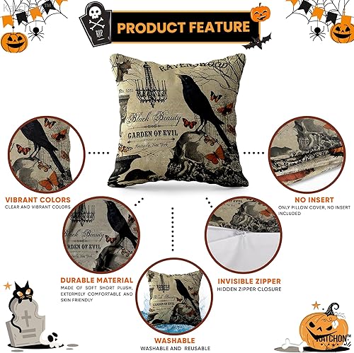 Miniatura 3 de KatchOn, Fundas de almohada vintage de Halloween de 18 x 18 pulgadas, paquete de 4 fundas de almohada de calavera | Fundas de cojín de calabaza de
