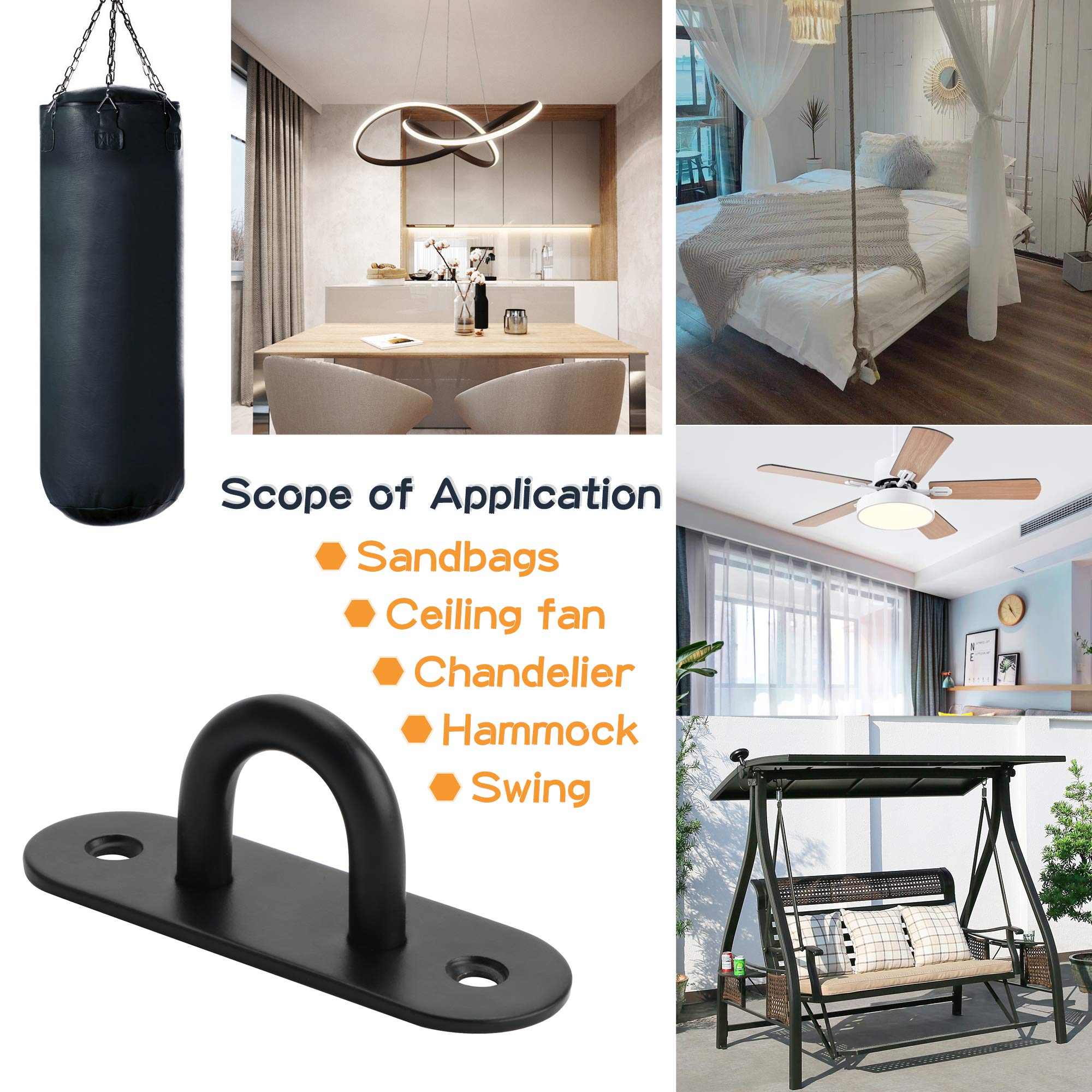 6 Ganci Da Soffitto Per Carichi Pesanti - Nero, Acciaio Inox, 3 Ganci Con Base Rinforzata