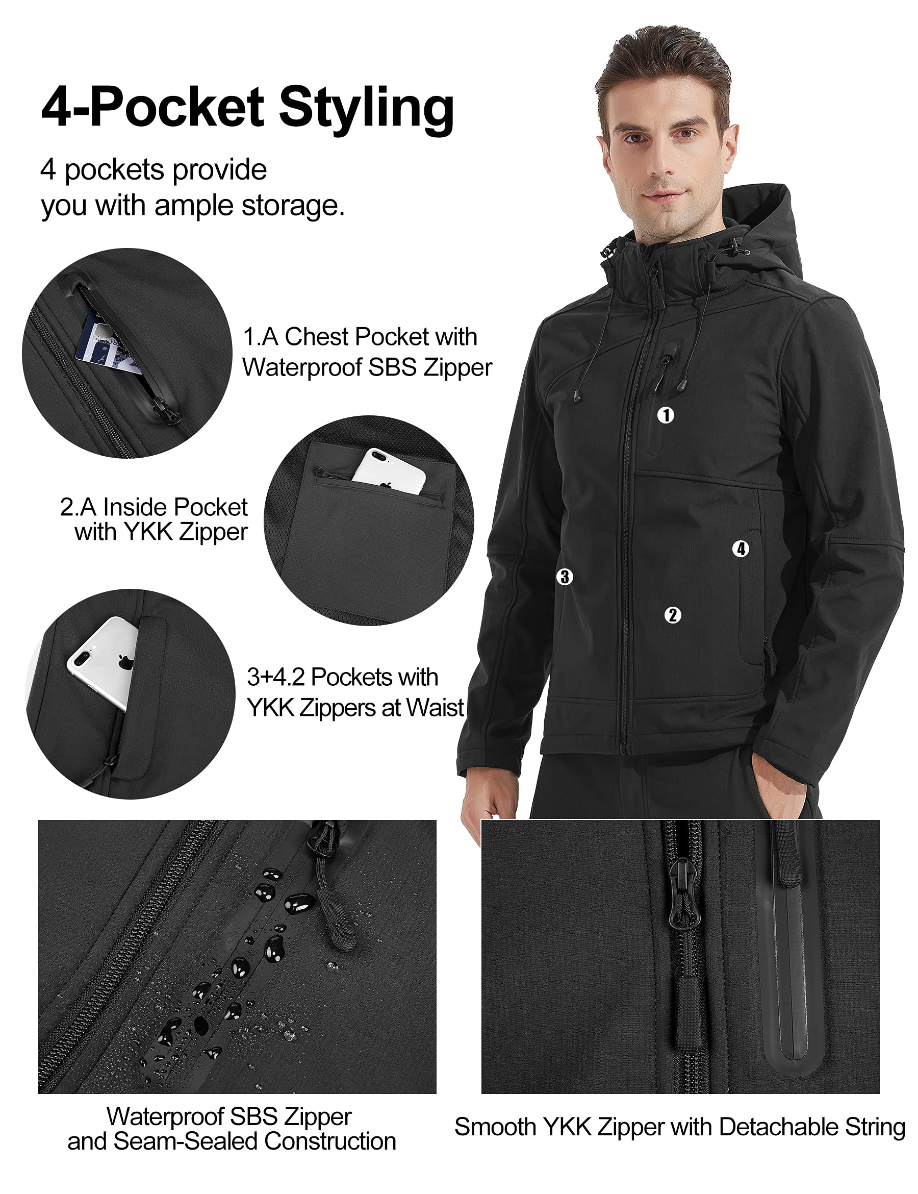 KUTOOK Giacche Softshell Impermeabile Giubbotto Antivento Invernale da Uomo con Cappuccio Staccabile per Montagna Trekking Sci Outdoor