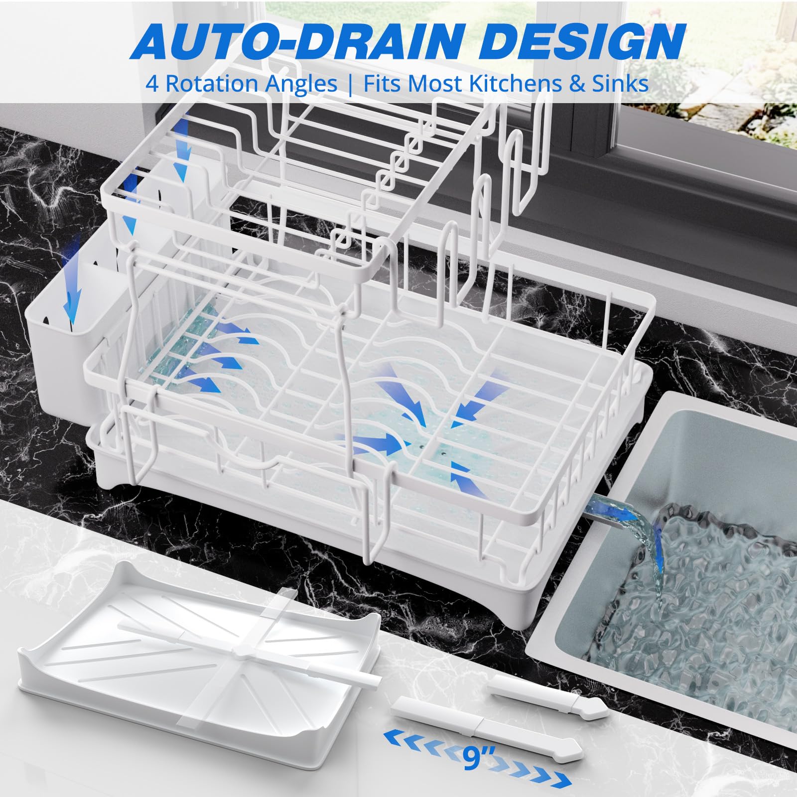 Godboat Égouttoir à vaisselle à 2 niveaux avec drainage automatique et tapis, égouttoir à vaisselle pour comptoir de cuisine, égouttoir à vaisselle avec couteau, fourchette et porte-gobelets, cadeaux