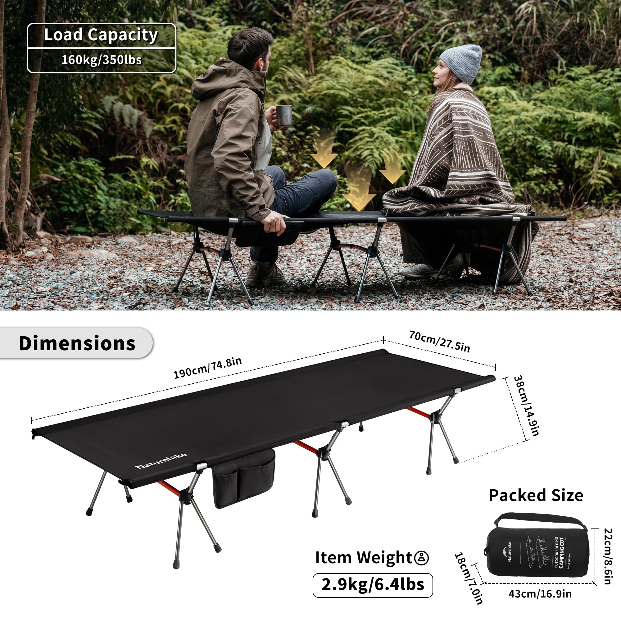 Naturehike Cama de camping plegable de 190 × 70 cm, portátil, plegable, ligera, para camping, hasta 150 kg, cuna de viaje para senderismo, casa, tienda de campaña, exterior, oficina, jardín (negro)