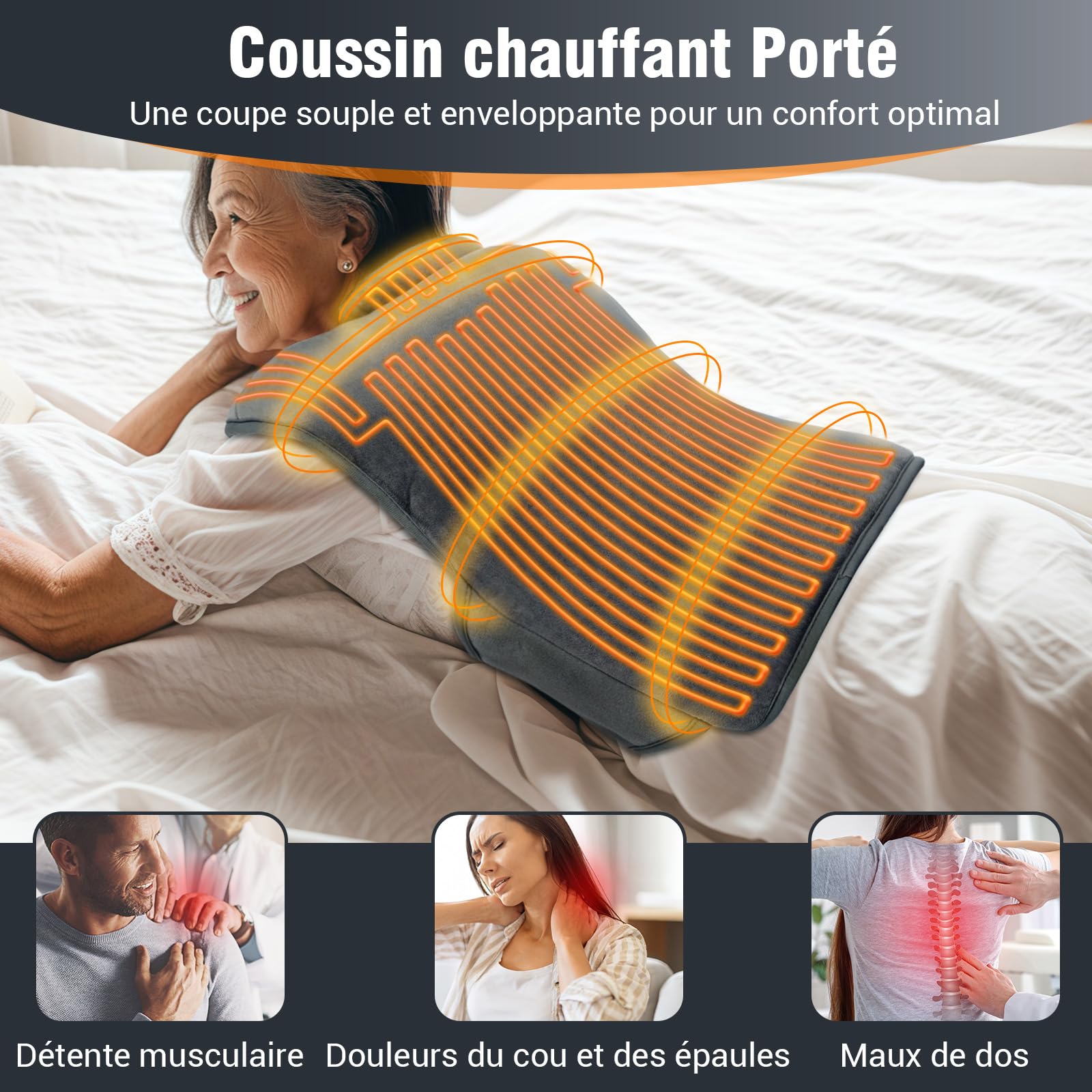 Comfytemp Infrarouge Lointaine Coussin Chauffant pour le Cou, le Epaules, le Haut du Dos, 2.5lb Couverture Chauffante 57x50cm, Chauffage Rapide avec 6 Niveaux de Chaleur et Arrêt Automatique, Lavable