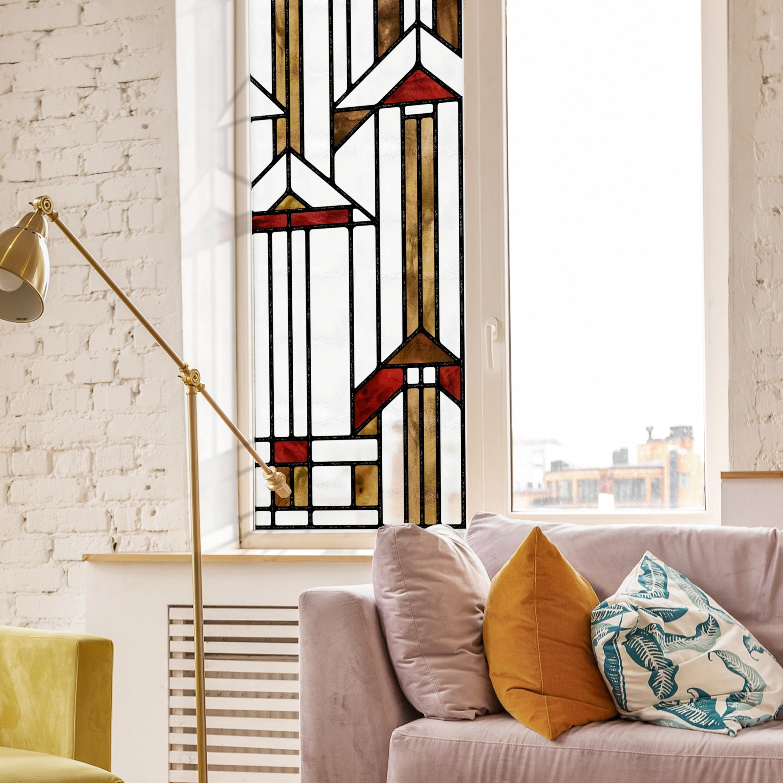 ChicSkin Self-Adhesive Stained glass window film, Red geometric Hand-drawn pattern double-sided decorative window film privacy Static Cling Glass Decoration for Living room Bedroom Kitchen 43X215CM
