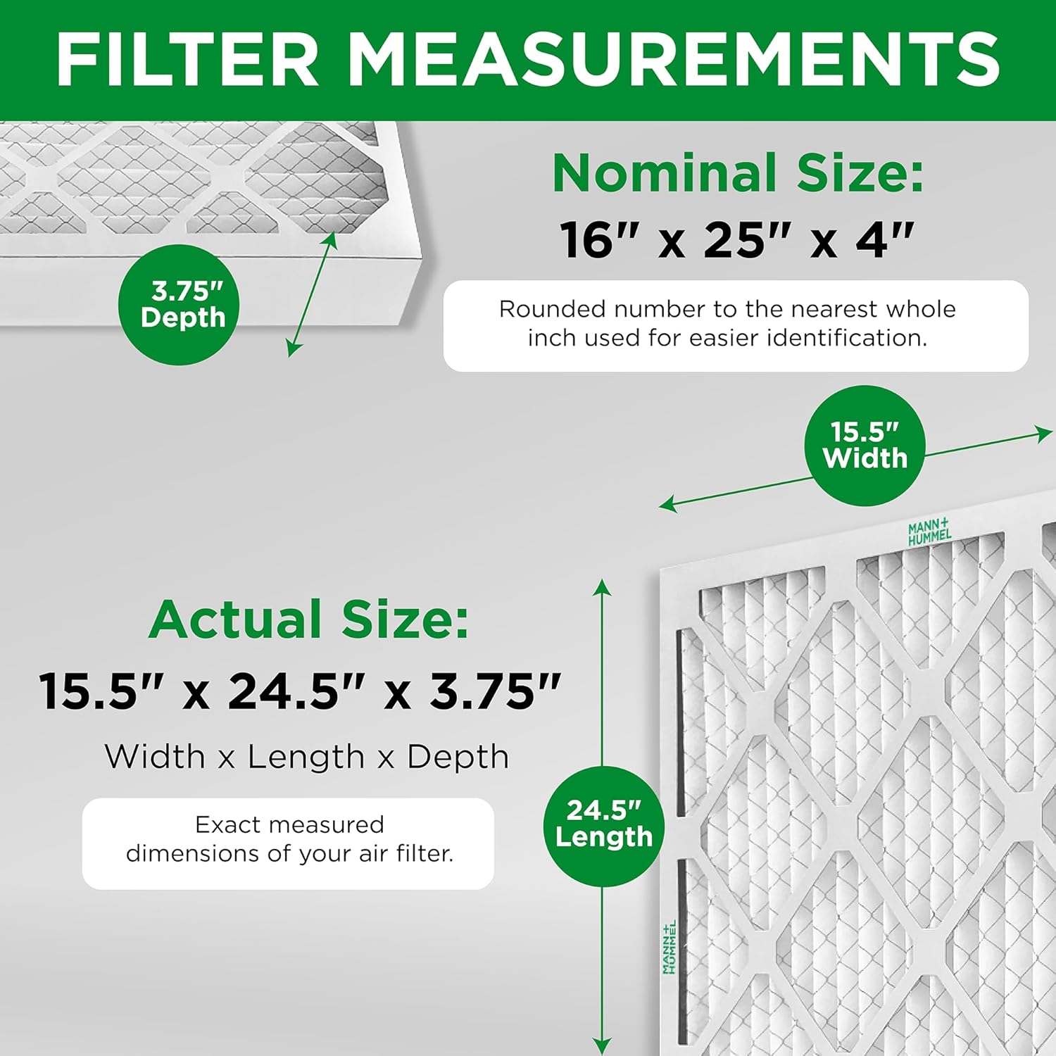 Mann+Hummel 16x25x4 MERV 8 Pleated HVAC AC Furnace Air Filters. 3 Pack. (Exact Size: 15.5 x 24.5 x 3.75 Inches)
