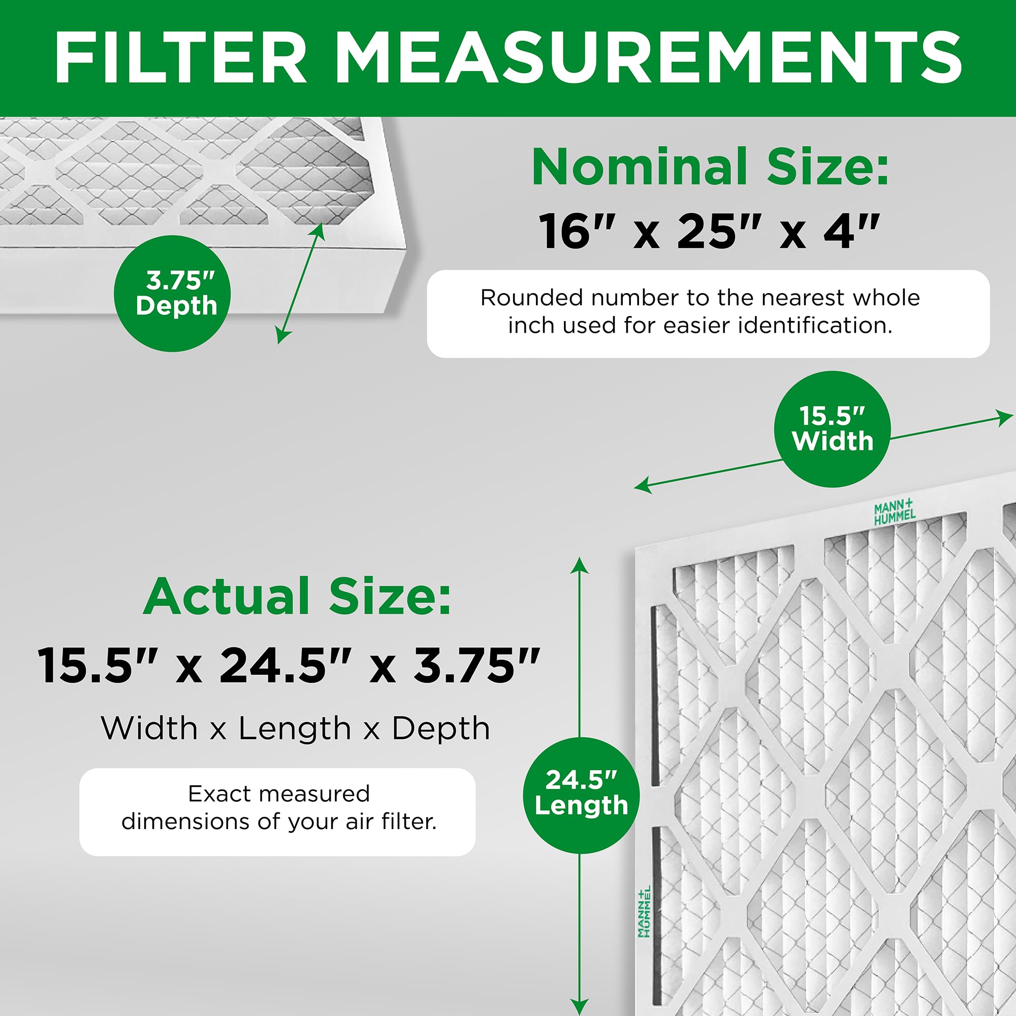 Mann+Hummel MERV 8 - Filtros de aire plisados para horno de aire acondicionado y aire acondicionado MERV 8 de 16 x 25 x 4 pulgadas. Paquete de 2 (Tamaño exacto: 15.5 x 24.5 x 3.75 pulgadas)