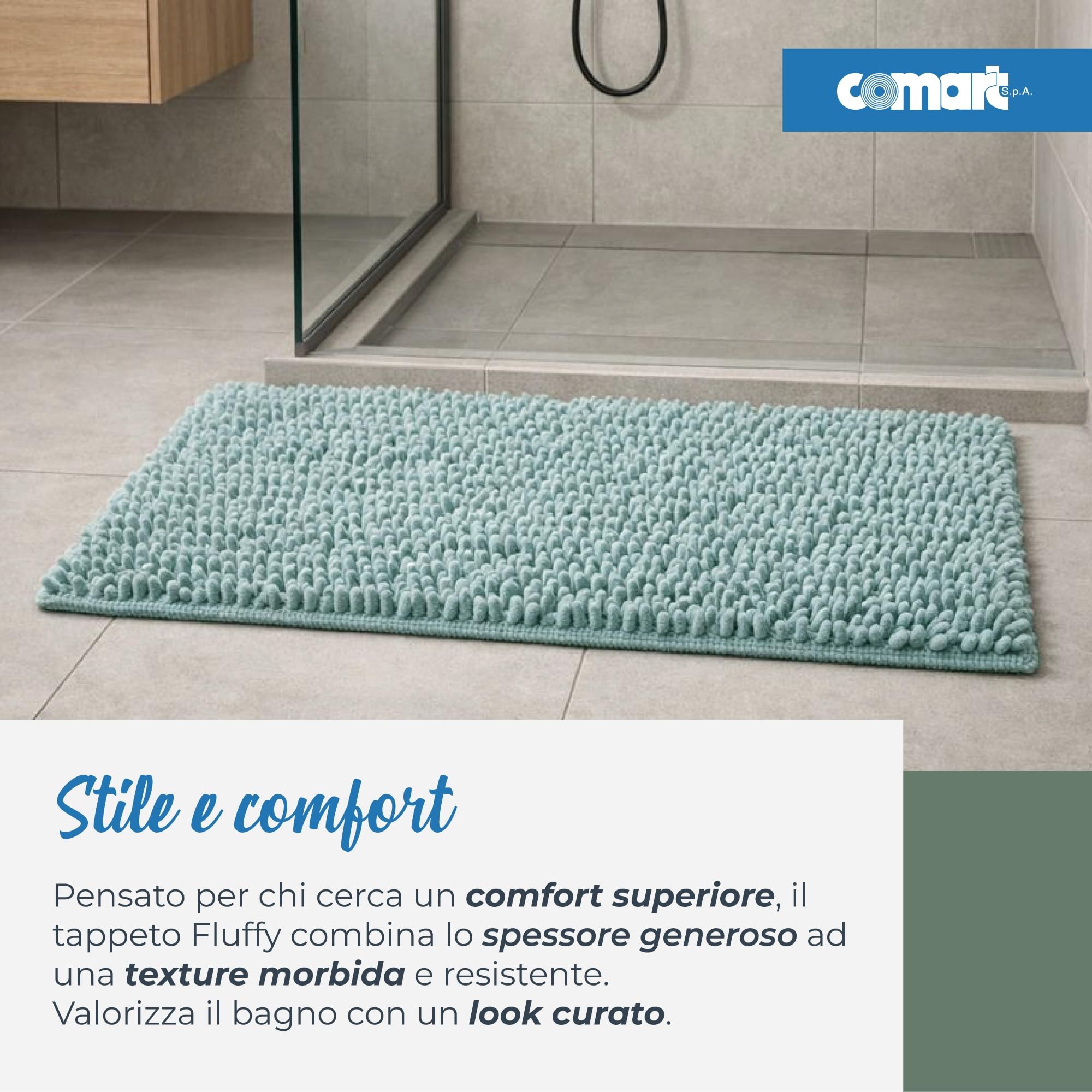 Comart - Tapis Bain Fluffy - Ultra Doux Antidérapant - 45x75 - Bleu Clair