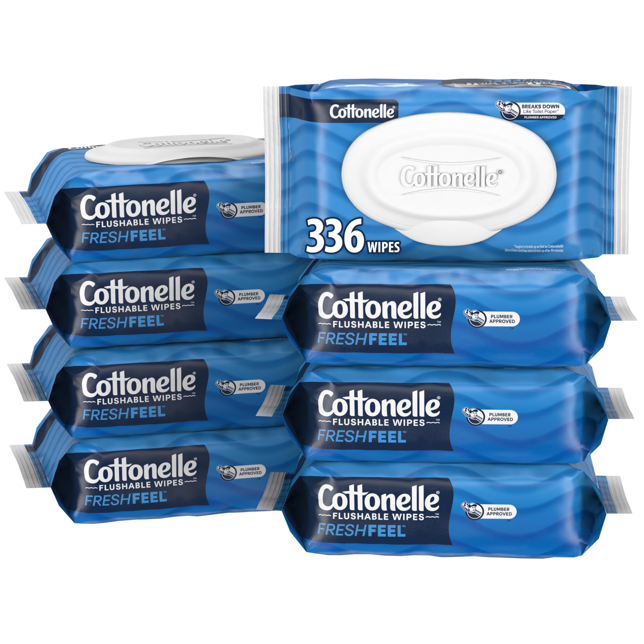 Cottonelle Freshfeel Flushable Wet Wipes, Adult Wet Wipes, 8 Flip-Top Packs, 42 Wipes per Pack (8 Packs of 42) (336 Total Flushable Wipes), Packaging May Vary