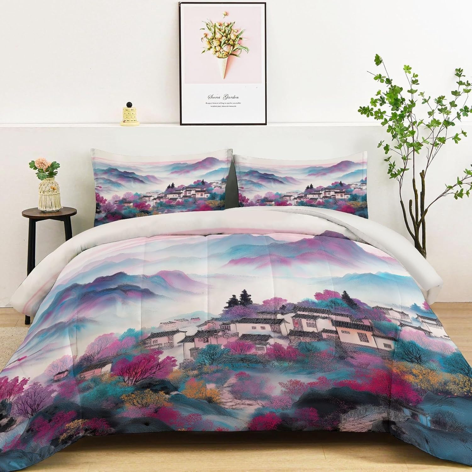 Couette 240x260 chaude paysage encre de Chine avec 2 taies d'oreiller