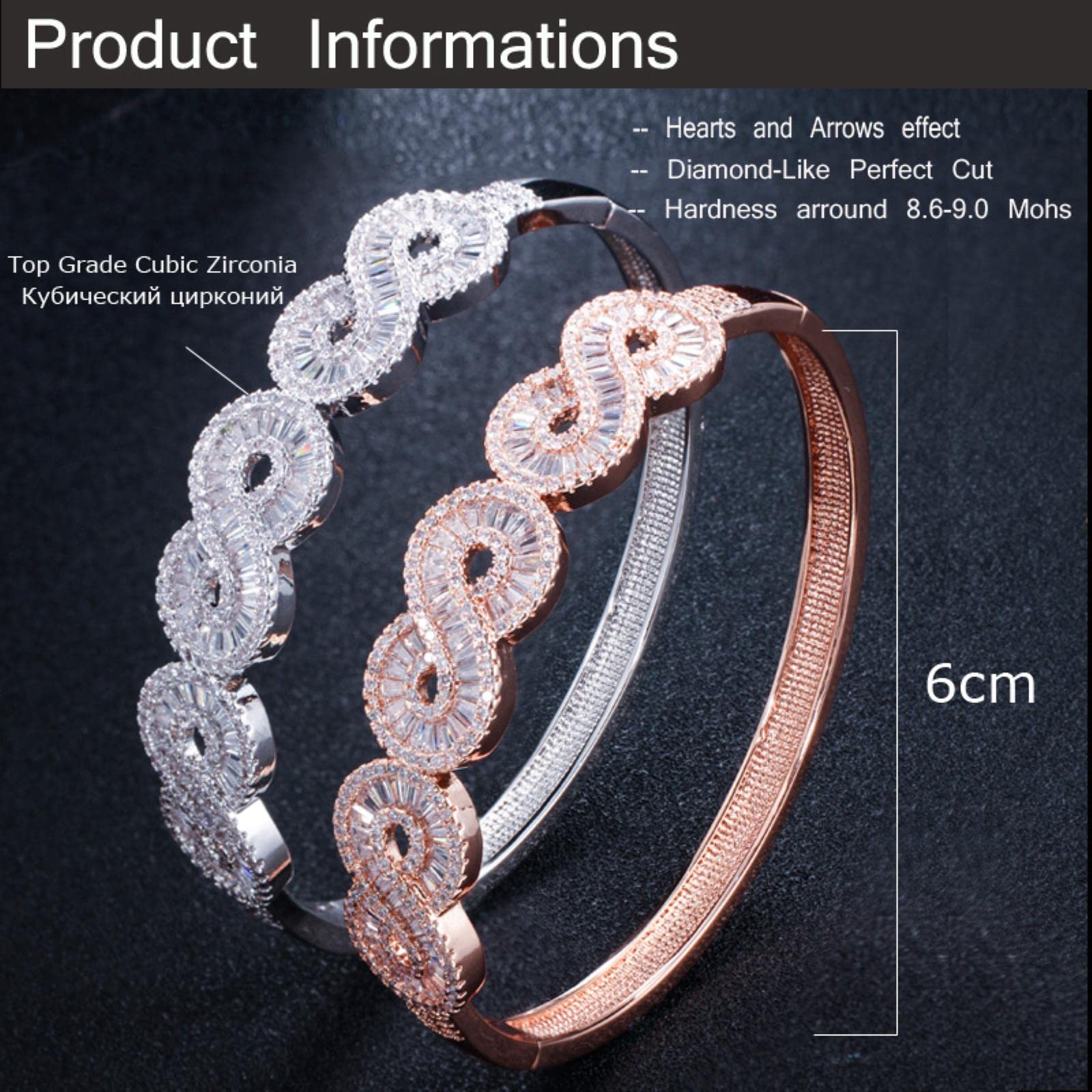 Zirconi Moda Cubic Zirconia Pavimentata In Oro Rosa E Argento Placcato Big Infinity Open Cuff Bangles Jewelry Per Le Donne
