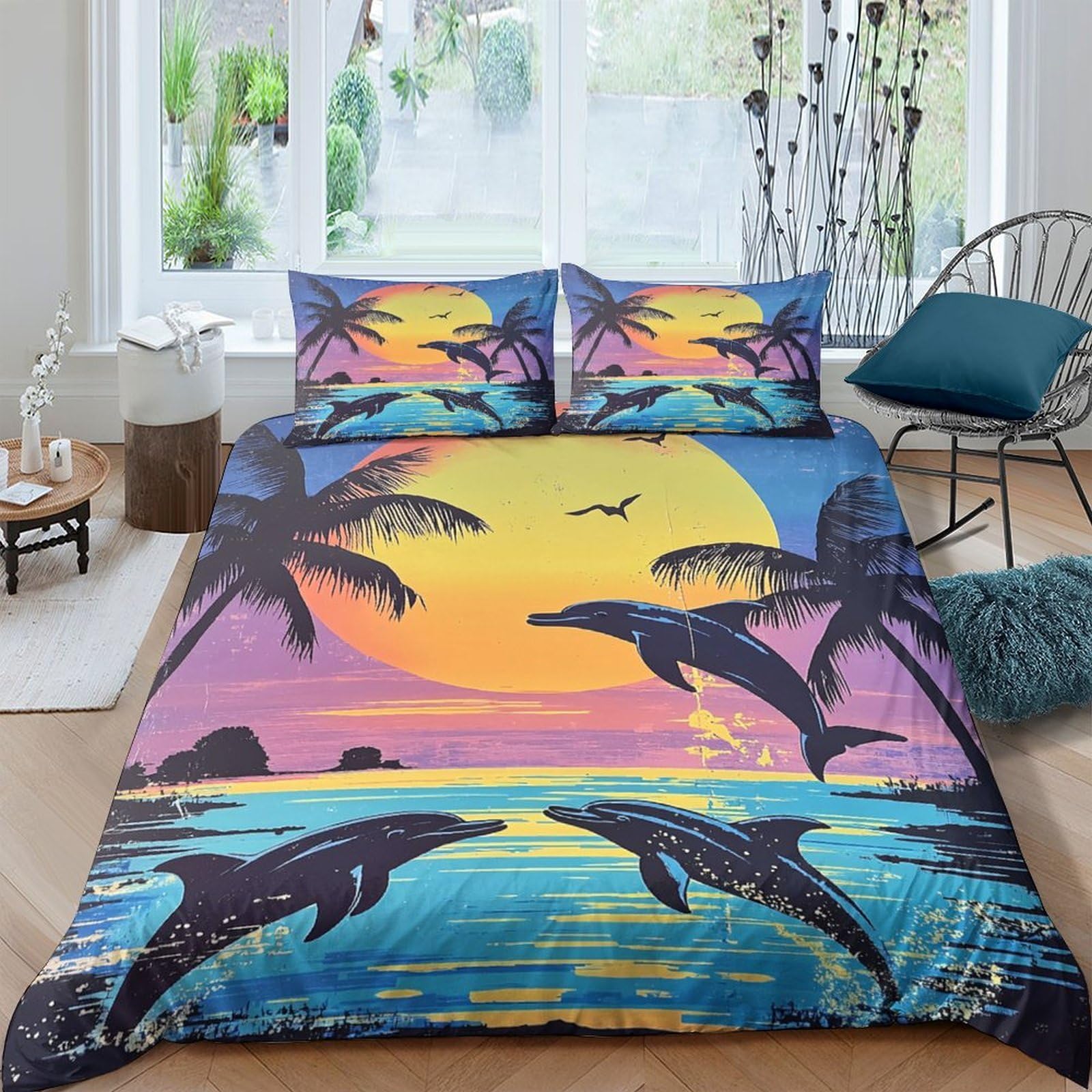 Ctjqhvkz Style-4 3D Printed Sunset Dolphin Fitted Sheet Microfiber Palm Tree Mattress Cover Washable For Bedroom Guest Room Decor Single（135X200cm）