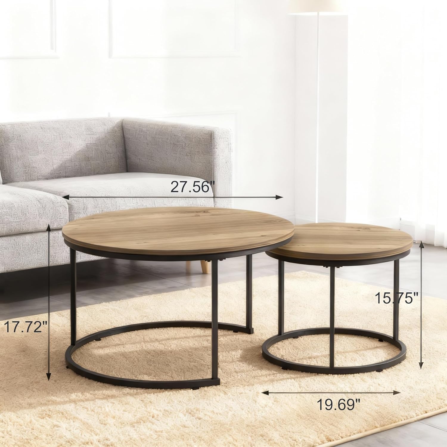 Nesting Table Set of 2, 27.6 '' Round Coffee Table for Living Room, Bedroom, Balcony, Office, Brown Wood Top with Metal Frame, Modern Industrial Side Table