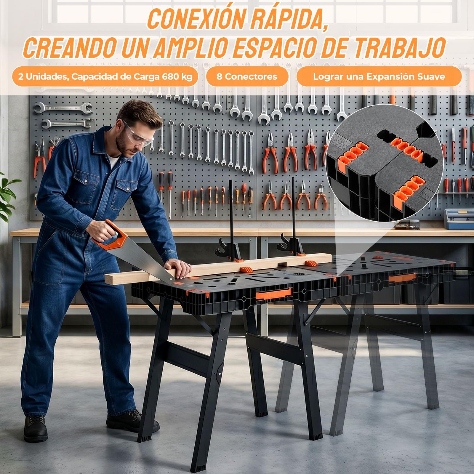 TLGREEN Banco de Trabajo Plegable 2 Piezas, Mesa de Trabajo Portátil | Mesa de Trabajo Plegable con 4 Abrazaderas, Enchufe Integrado, Mesa de Serrar 680kg Combinado, para Taller y Bricolaje