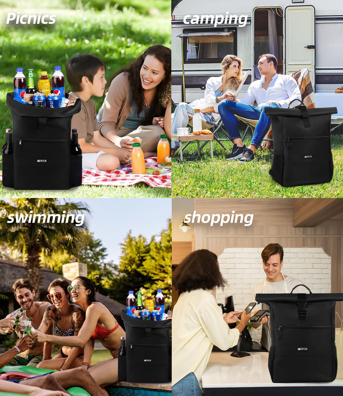 DEWUR 35L Thermo Rücksack Kühlrücksack Kühltasche Wasserdichter Picknickrücksack mit Flaschenöffner für Picknick Camping Strand Wandern Reisen Einkaufen