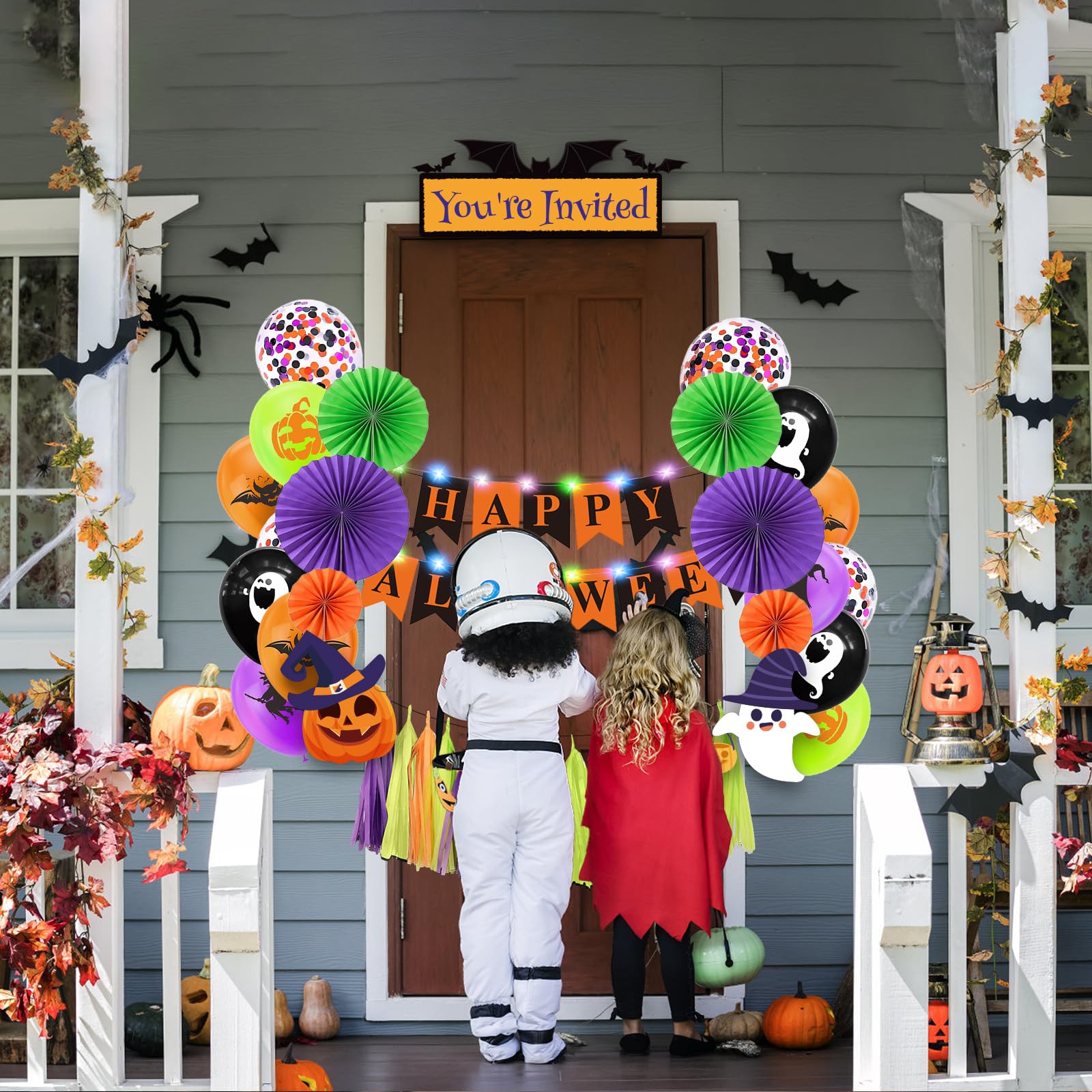 Zestaw dekoracji bagażnika lub smakołyków na Halloween, do samochodu, SUV-a, z banerem, wachlarzami papierowymi, balonami, frędzlami, dekoracja na Halloween, do drzwi garażowych, wejściowych