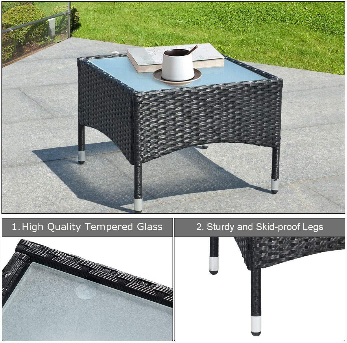 Juego de 3 muebles de mimbre para patio, sofá de ratán al aire libre y mesa de centro de cristal, juego de mesa de mimbre bistró con cojín suave para patio, jardín, césped, patio trasero junto a la piscina 5