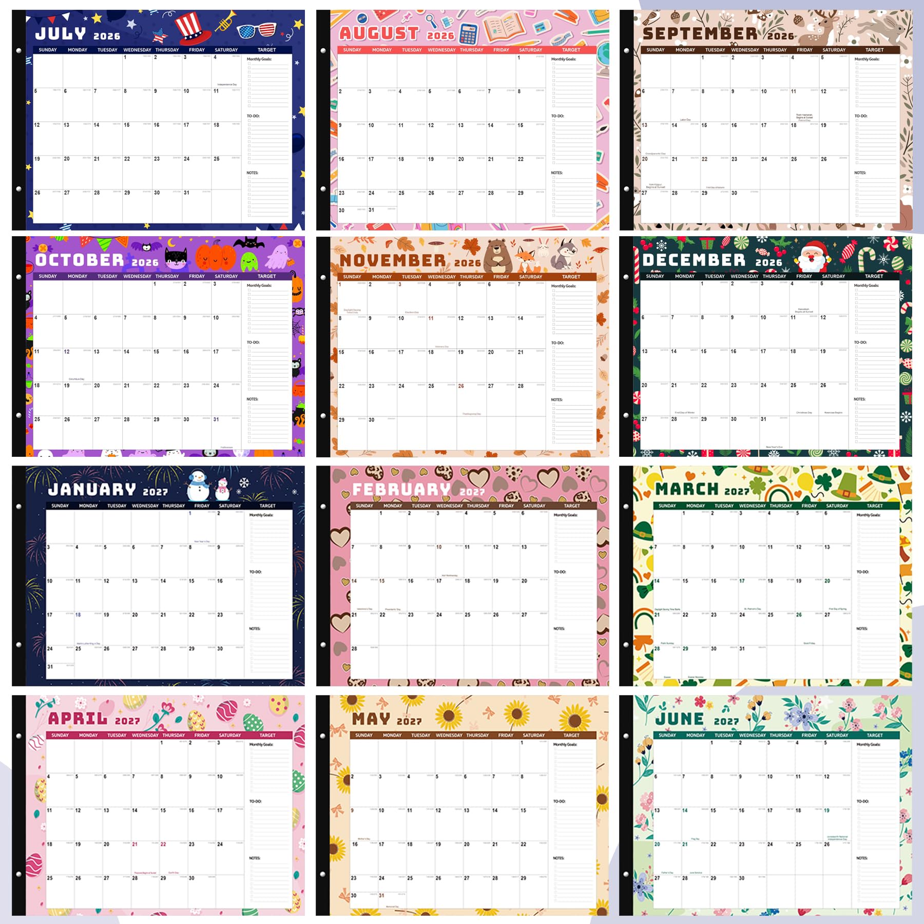 Schreibtischkalender 2026–2027, monatlich, Schreibtischunterlage, 18 Monate von Januar 2026 bis Juni 2027, extra groß, 55,9 x 43,2 cm, Terminplaner, bunte saisonale Designs, inklusive Aufklebern