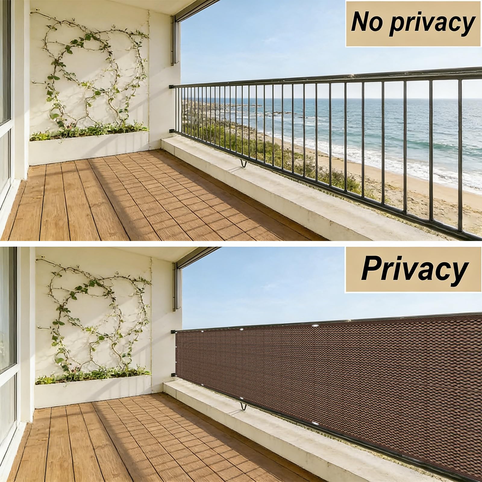 Telo Balcone 200 x 500 cm in HDPE 220G ㎡, Permeabile, Anti-Uv, Frangivento, Protezione Solare, Recinzione Copertura per Balcone con Fascette e Funi para Exterior Terraza, Marrone