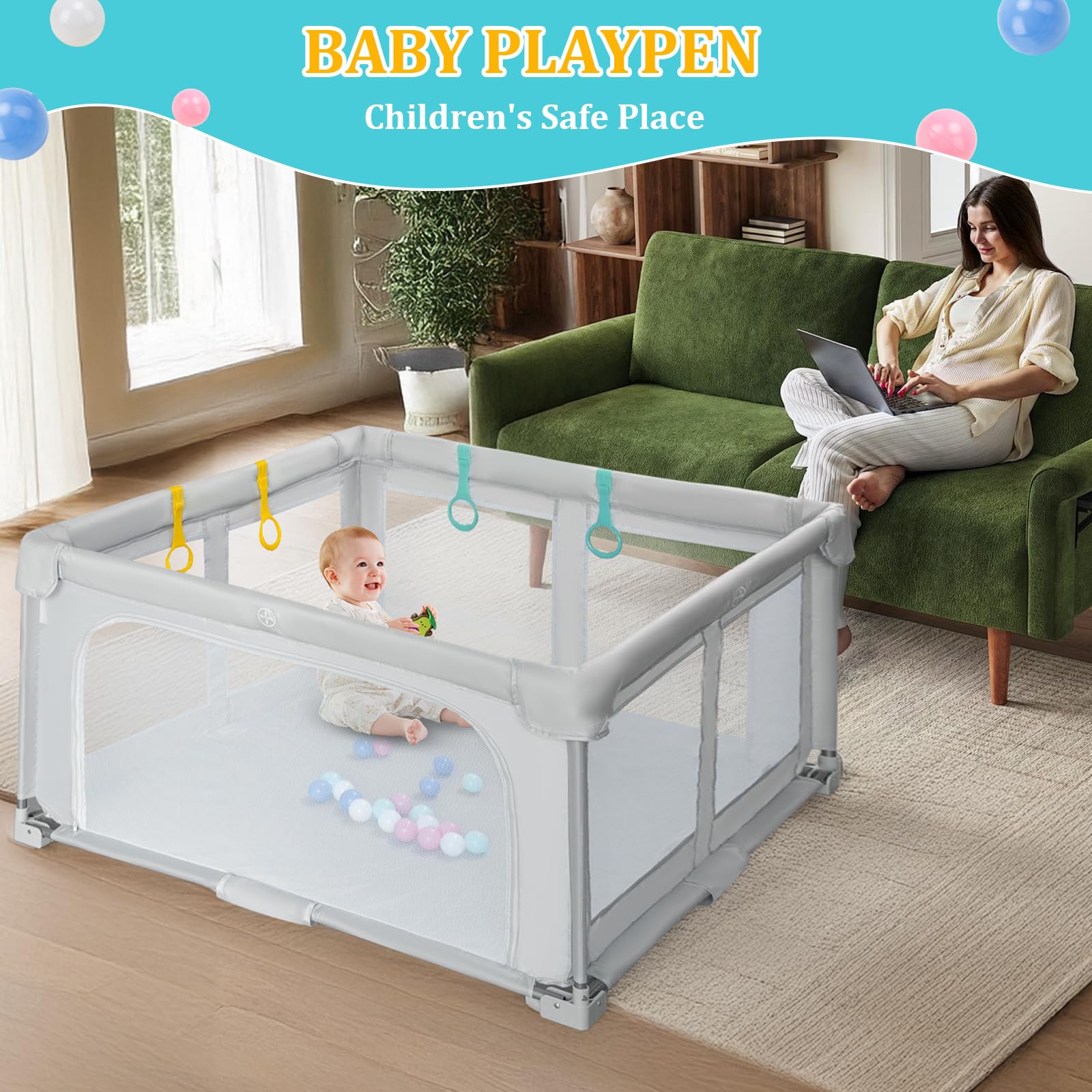 Growithu Recinto per Bambini Pieghevole 127x127cm: Box Bambini per Interni ed Esterni - Box Neonato con Borsa da Viaggio, 20 Palline e 4 Anello di Trazione