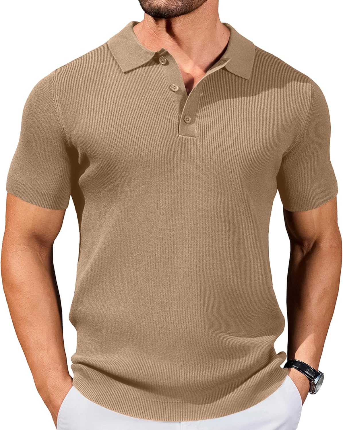 COOFANDY Mens Knit Polos Slim Fit Business Short Sleeve Polo Sweaters Casual Summer Ribbed Collared Polo Pullover