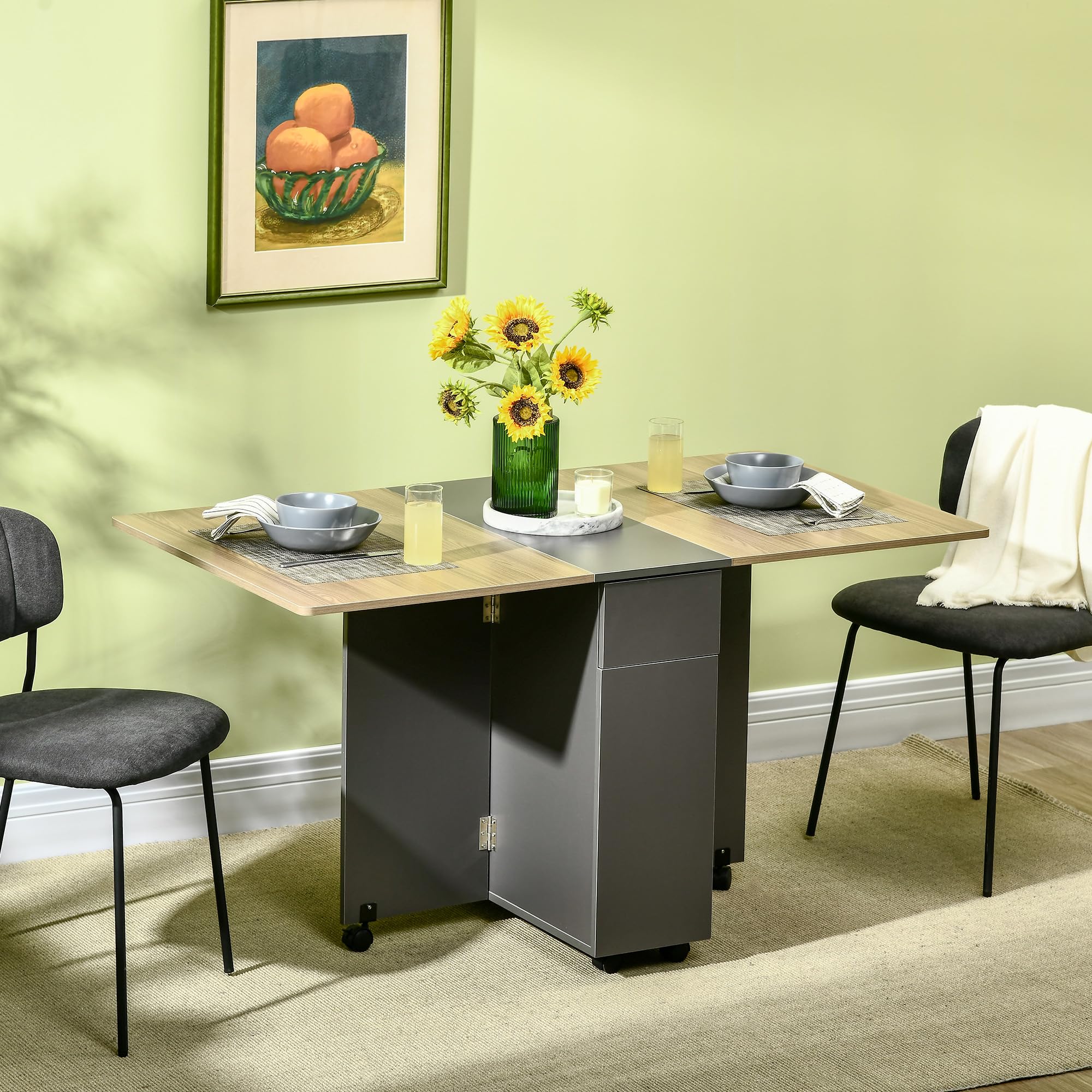 HOMCOM Klappbarer Esstisch auf Rollen mit Stauraum 2 Schubladen und 1 Schrank 76 x 140 x 74 cm Grau und Naturholz