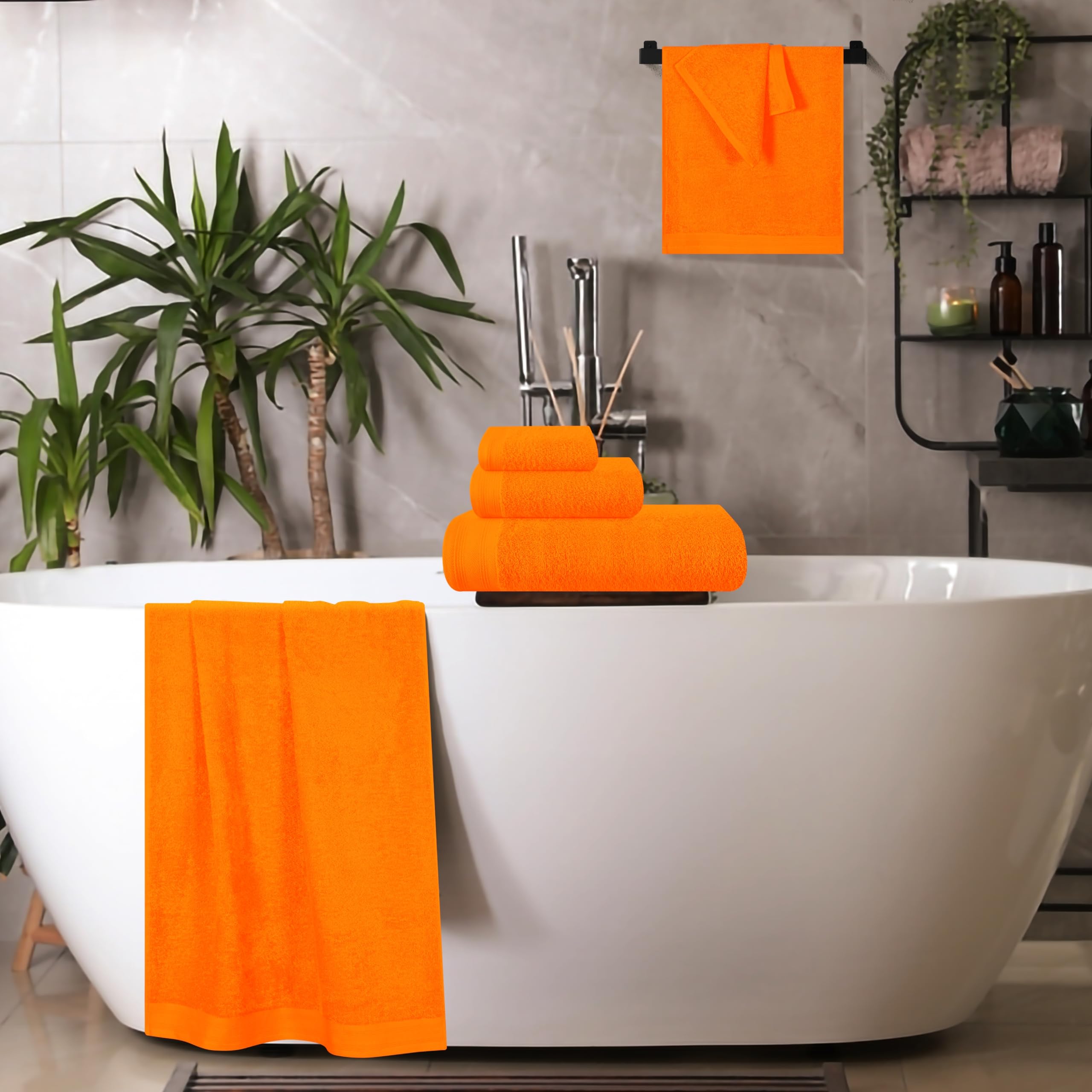 Juego de 6 Toallas de algodón ultrasuaves, Incluye 2 Toallas de baño extragrandes de 70 x 140 cm, 2 Toallas de Mano de 40 x 60 cm y 2 Camas de 30 x 30 cm, Color Naranja