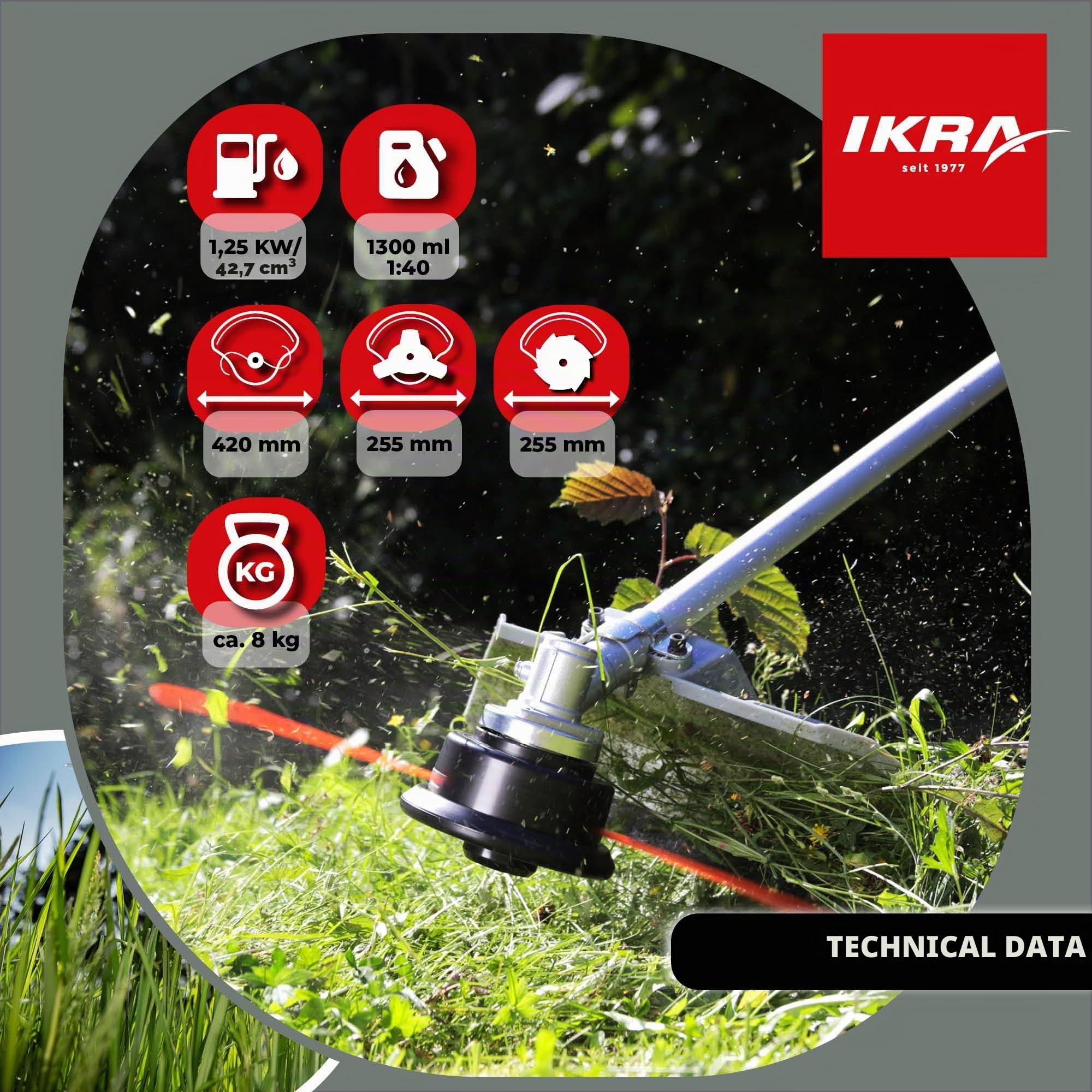 IKRA decespugliatore benzina IBF 4342 con accessori utili, 42,7cm³, 1,25kW | Incl. lama a 3 e a 8 denti, 2 bobine e tracolla, motore a 2 tempi, sistema di avviamento facile, impugnatura a manubrio