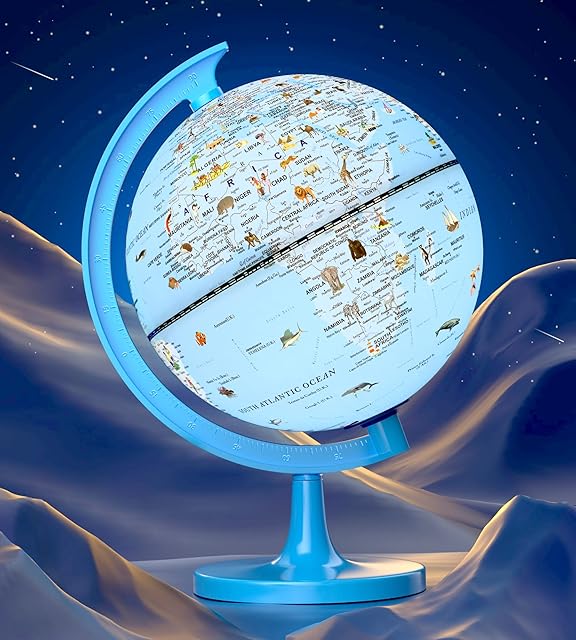 Animal Globe for Kids Illuminated Globe for Children World Globes for Children with USB Educational Toy with Unique Animal Pictures Globe 20cm Diameter JOWHOL (Blue)