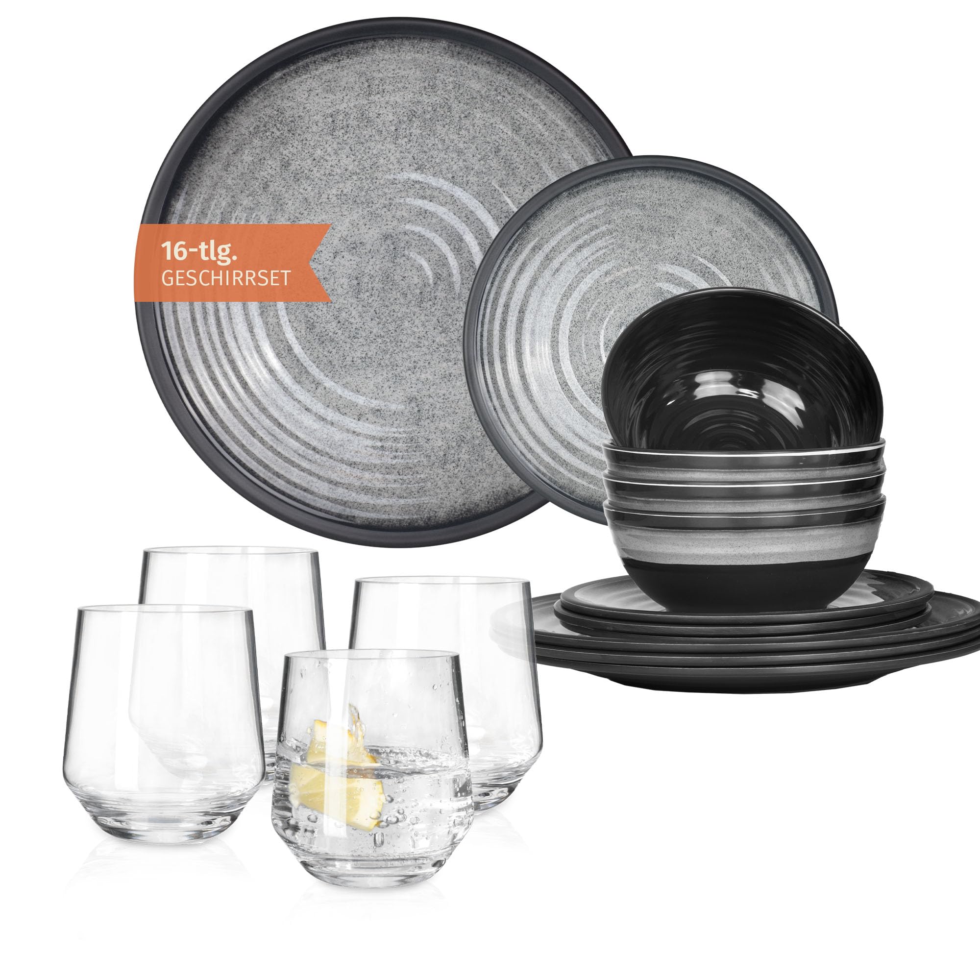 Moritz - Ensemble de vaisselle de camping en mélamine pour 4 personnes - Gris pierre + 4 verres Milano - Vaisselle de table - Vaisselle pour pique-nique, barbecue, ustensiles de cuisine