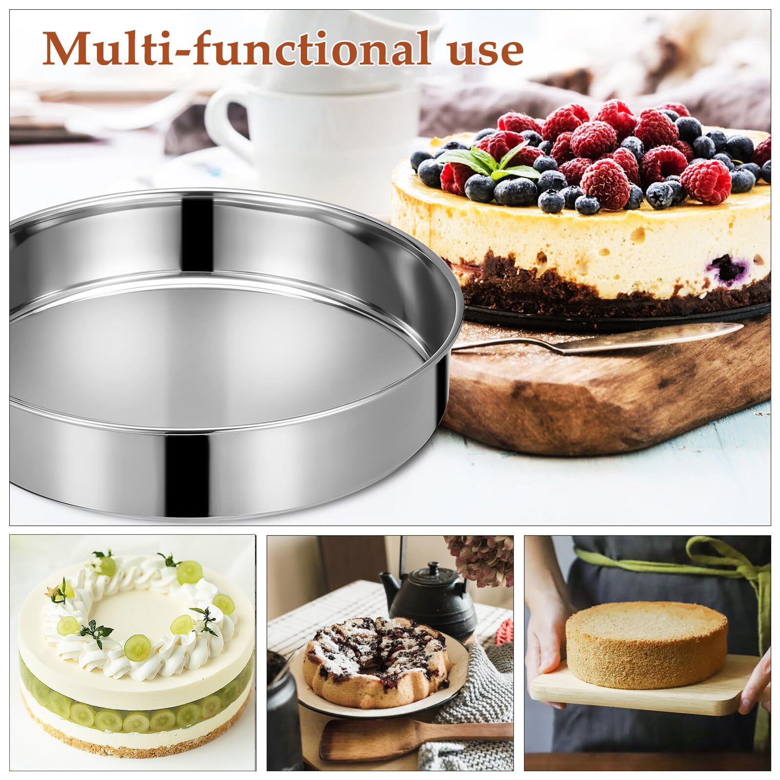 Uonlytech Moldes Redondos para Pasteles 24 CM de Acero Inoxidable 2 Unidades Base Plana para Hornear y Cocinar al Vapor Bandejas Metálicas para Repostería y Alimentos