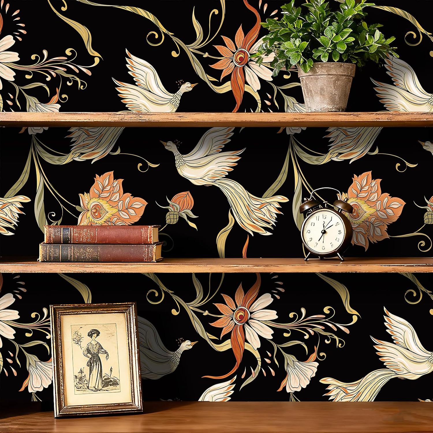 ReWallpaper Dark Floral Bird Wallpaper Peel and Stick Vintage Black Ivory Birds and Flowers Wallpaper Removable Waterproof Contact Paper for Cabinets Shelves Accent Wall Bedroom Bathroom 17.5in x 10ft