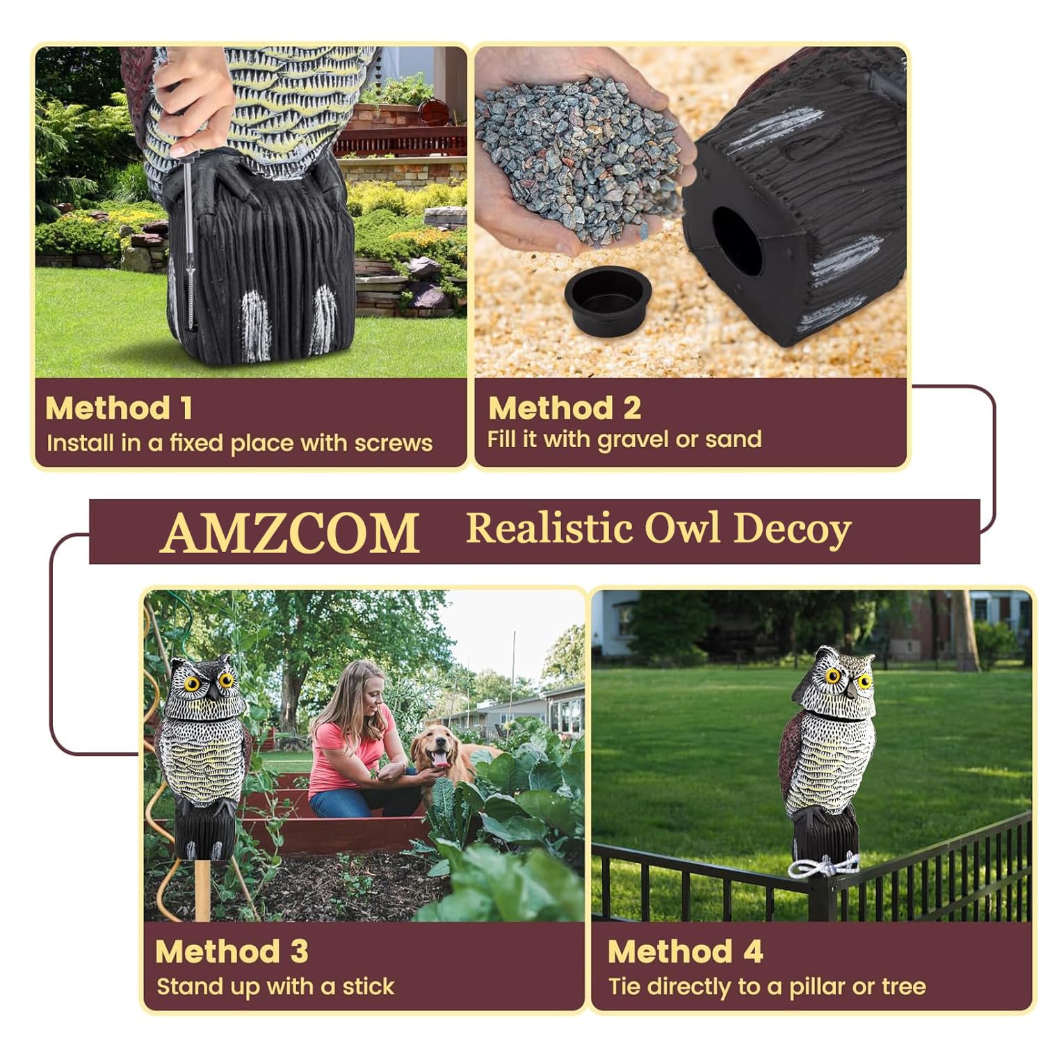 Spaventapasseri a Forma di Gufo, Gufo Scaccia Piccioni da Balcone, Statua Gufo da Giardino Esterno in Plastica, Gufi Dissuasori con Testa girevole 360° y Suono per tetto, Piscina, Cortile, Fattoria