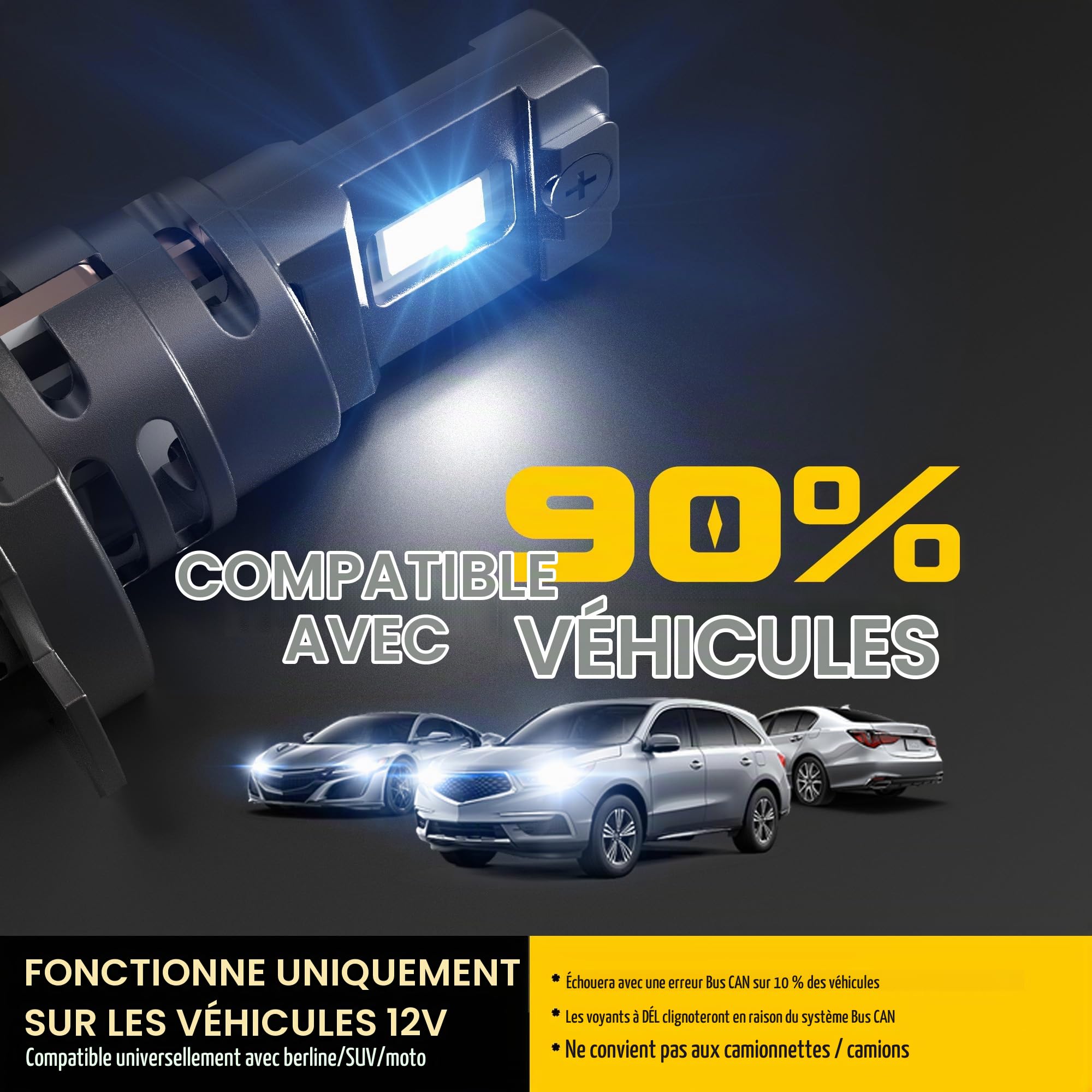 ampoules h7 led 22000lm, lampe de phare 12v pour voiture et moto, taille des halogènes 1:1, montage direct pour les feux de route ou croisement, 6000k blanc