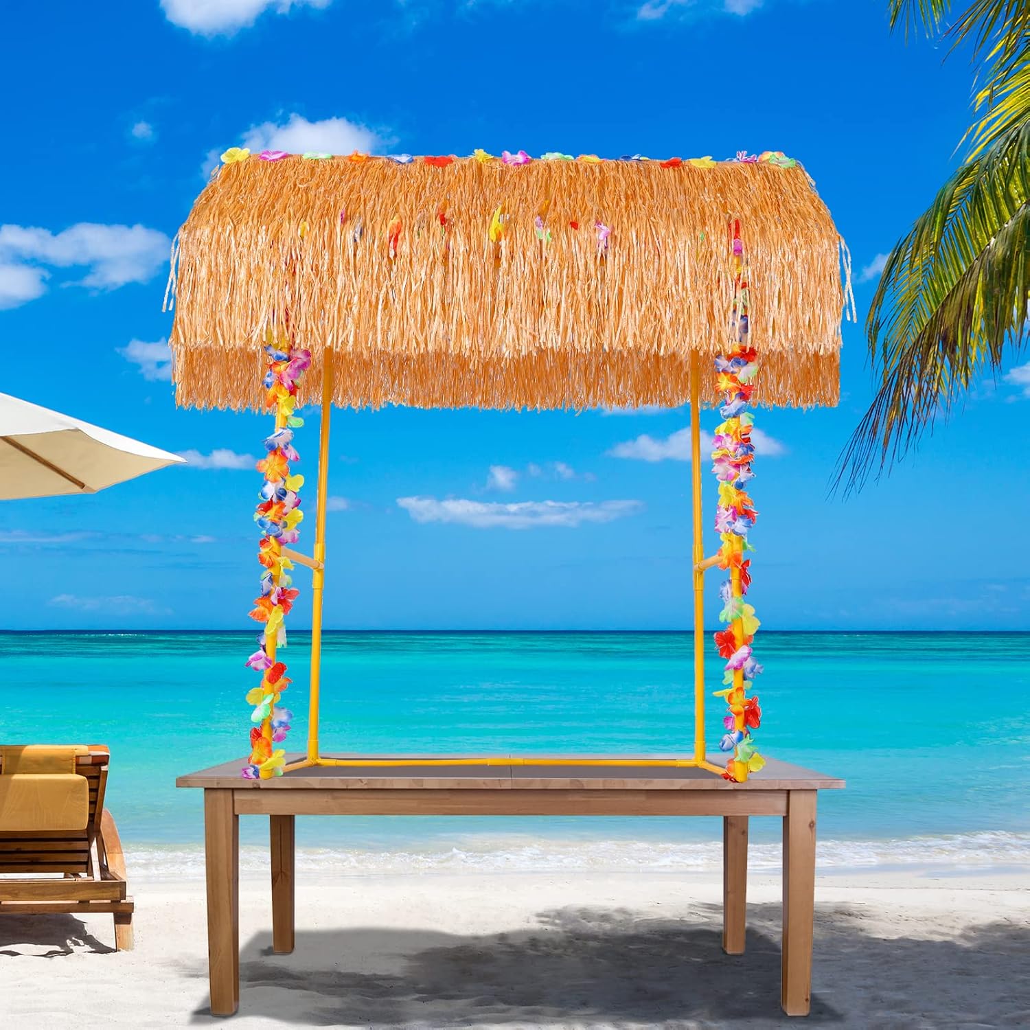 Auihiay Tiki Bar Hut, Tiki Bar Kit Includes Reusable Tiki Bar, Luau Party Flower Garland and Table Skirt for Summer Party, Luau Party Decorations