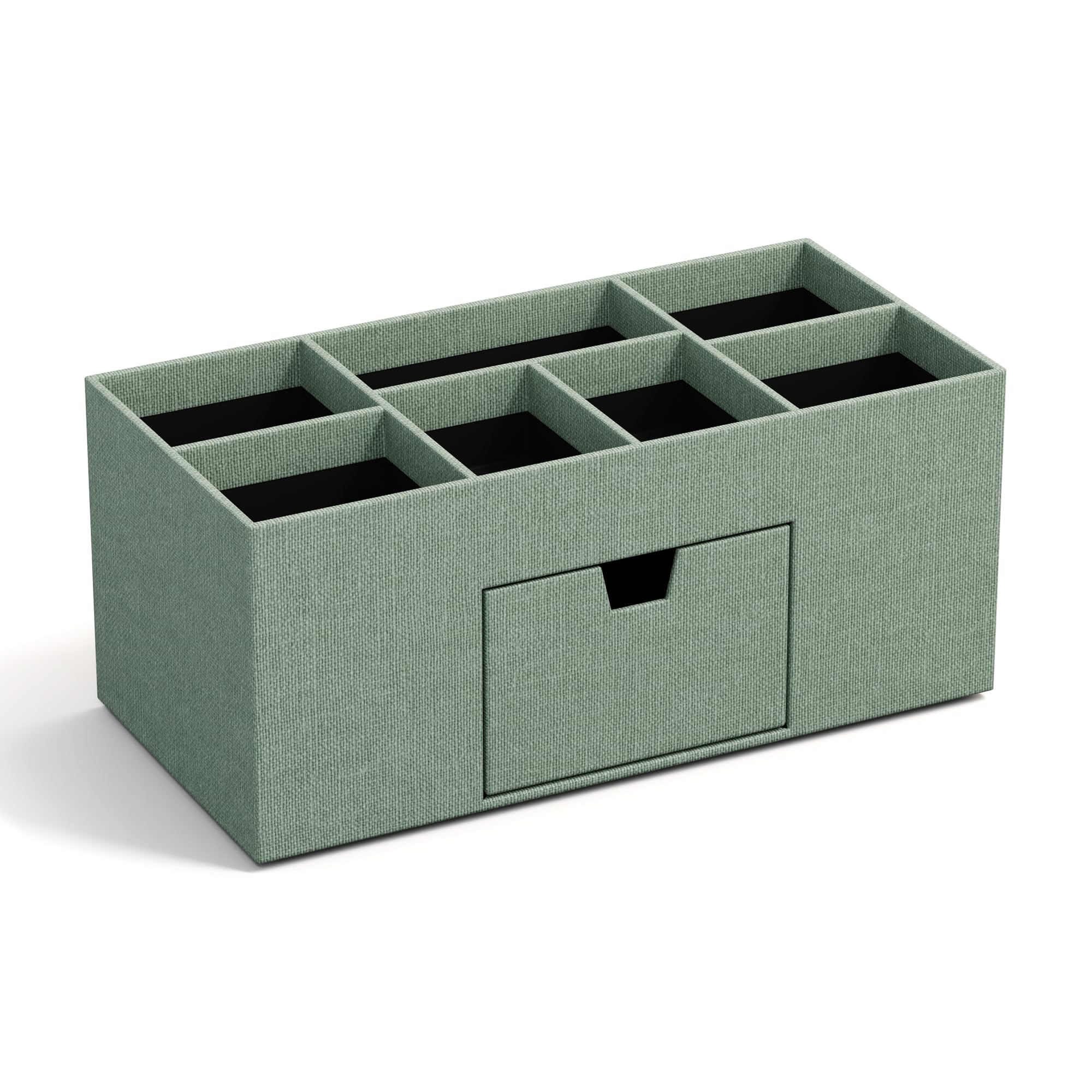 BIGSO VENDELA Schreibtisch Organizer mit 7 Fächern und Schublade – Ablagebox aus Faserplatte und Papier in Leinenoptik – Schreibtischset für Büromaterial – mintgrün