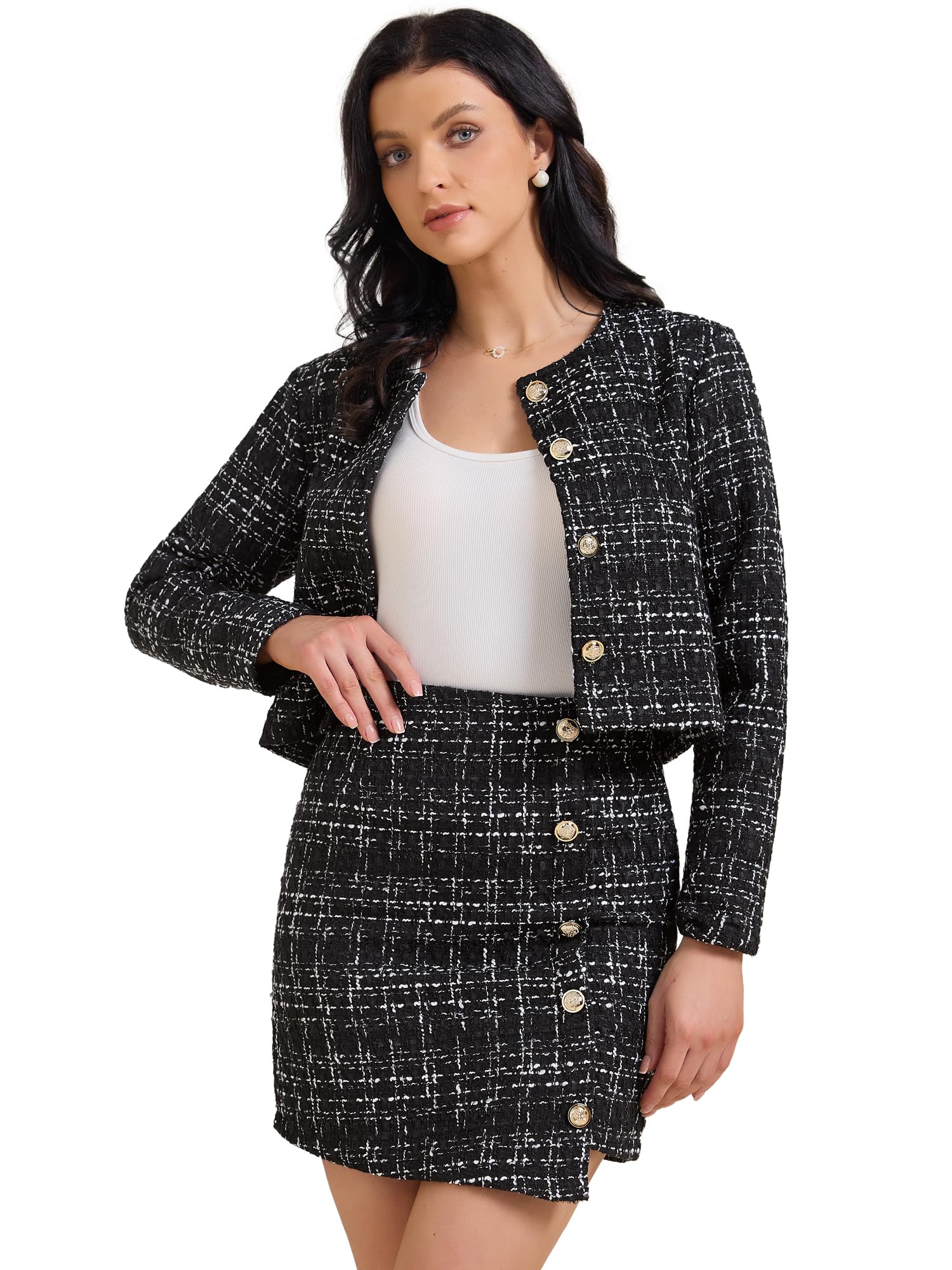 Allegra K Conjunto de falda de 2 piezas para mujer, chaqueta de tweed, chaqueta con botones, conjunto de minifalda, trajes casuales de negocios 2025