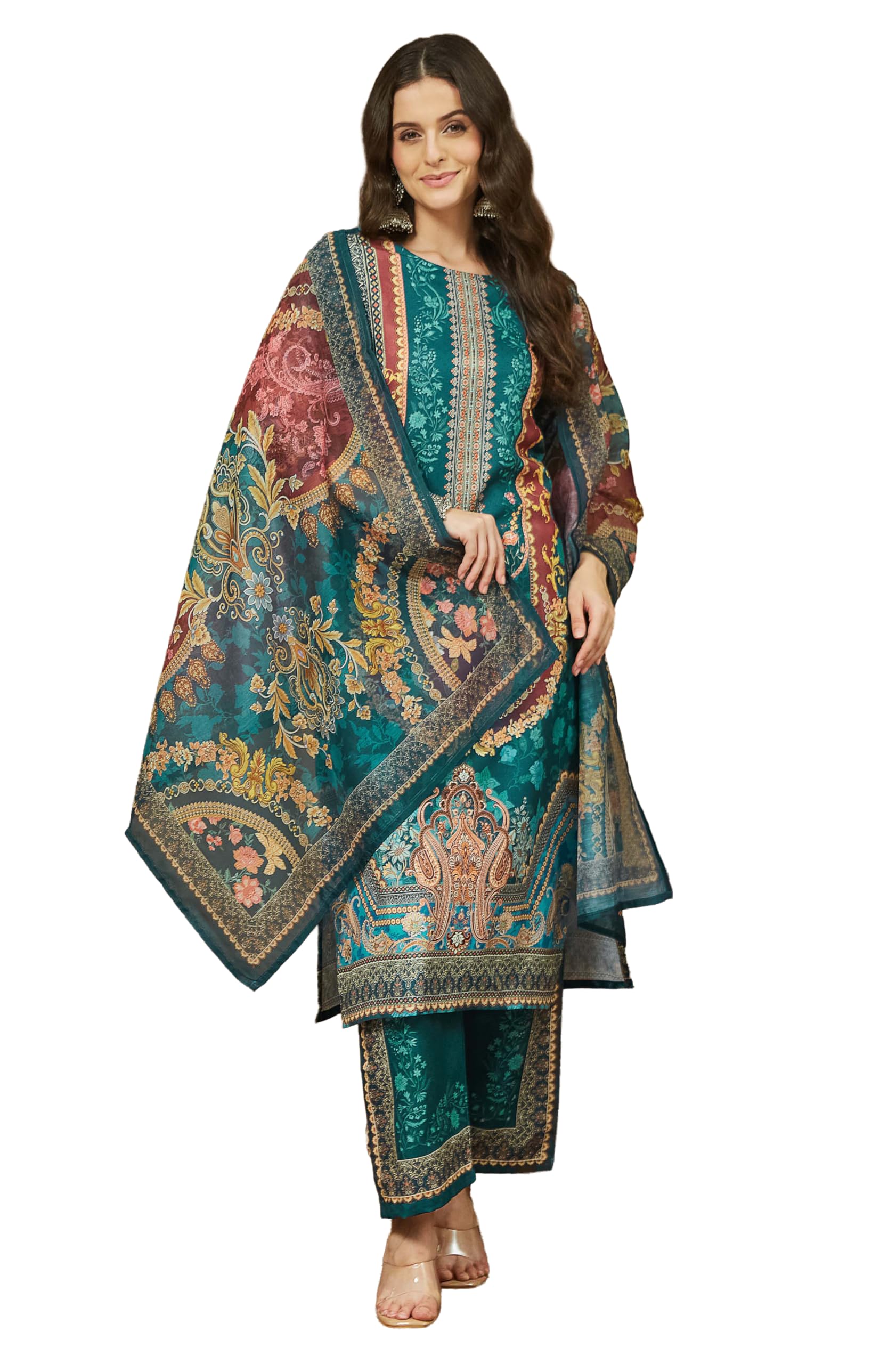 Women's Teal Blue Cotton Blend Ethnic Motifs Printed Pakistani Style Straight Kurta Set-image-35