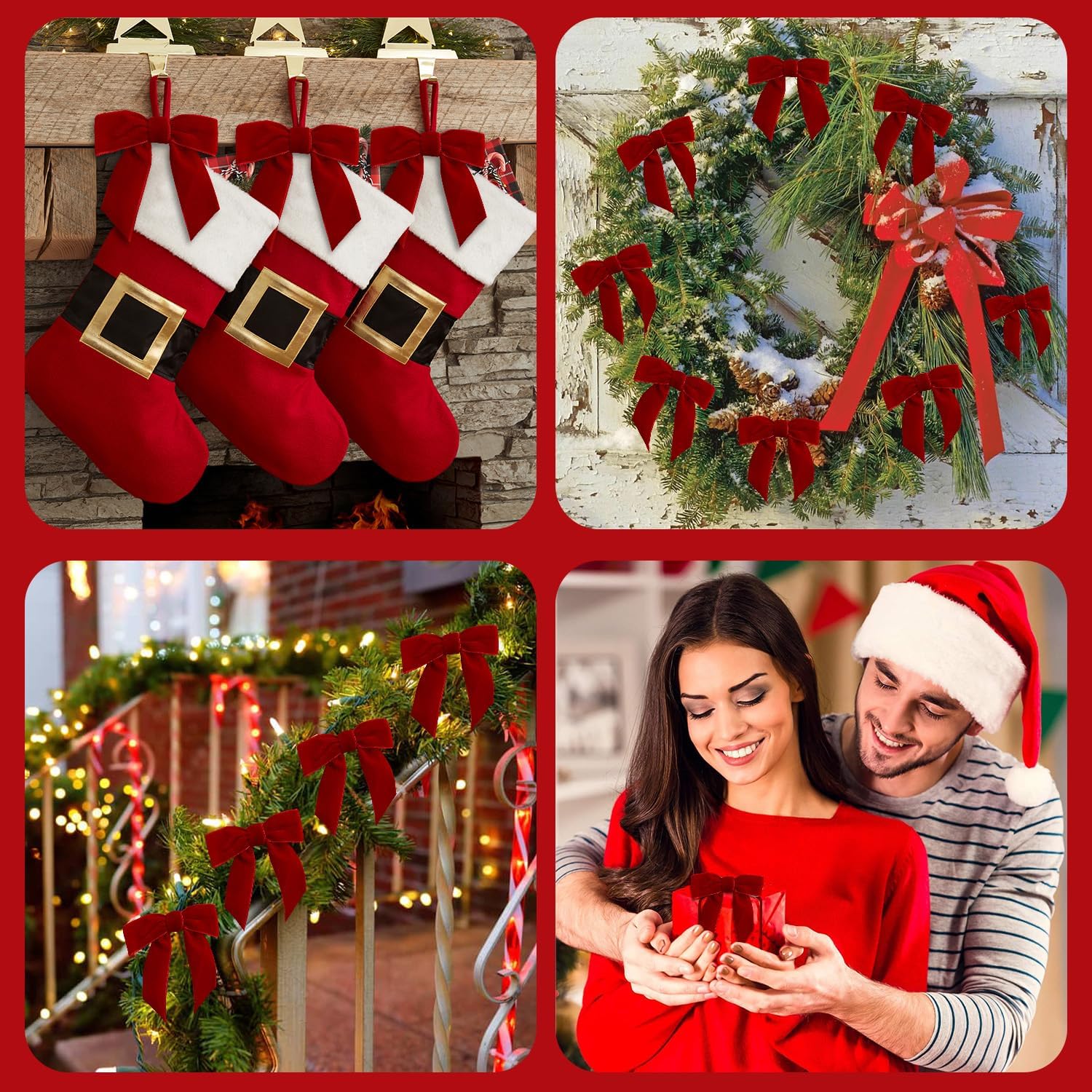 24 Pcs Red Small Velvet Bows Ornaments for Christmas Tree, Vintage Cute Velvet Bows Home Decor for Tree Mantle Wreath Gift Wrapping Crafts, 0.98’’ W/3.14 * 3.14 inch