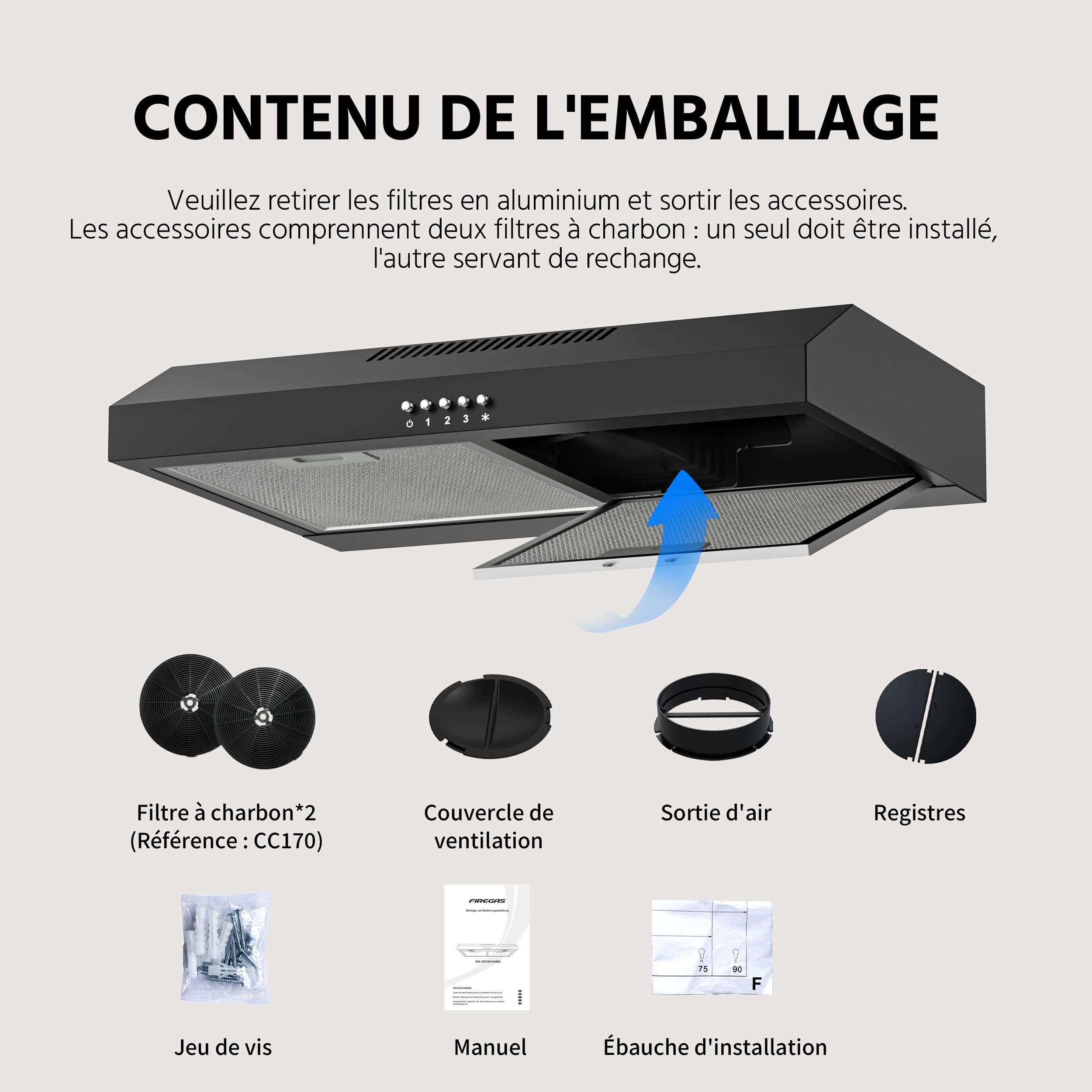FIREGAS Hotte de Cuisine 60cm Noire au Design Moderne, Classe A++, Moteur sans Balais Ultra Silencieux, 3 Vitesses, Mode Recyclage ou Évacuation, Idéale pour Petit Appartement & Studio