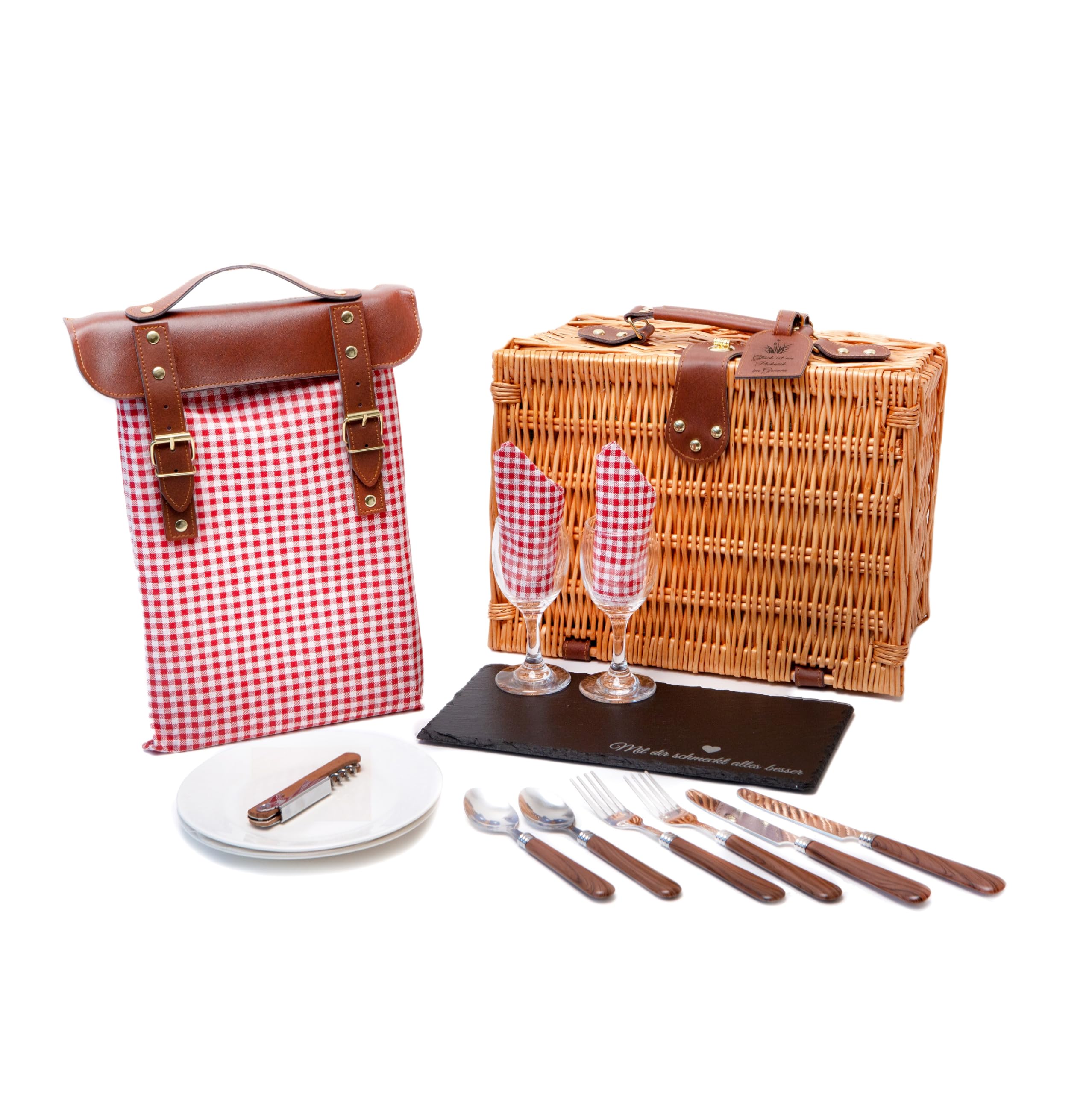 Cesta de Picnic Personalizada para 2 Personas, Cesta de Mimbre con Compartimento térmico, Manta, Tabla de Pizarra, Bolsa, servilletas – Cerámica, Vidrio, Acero INOX | Rojo